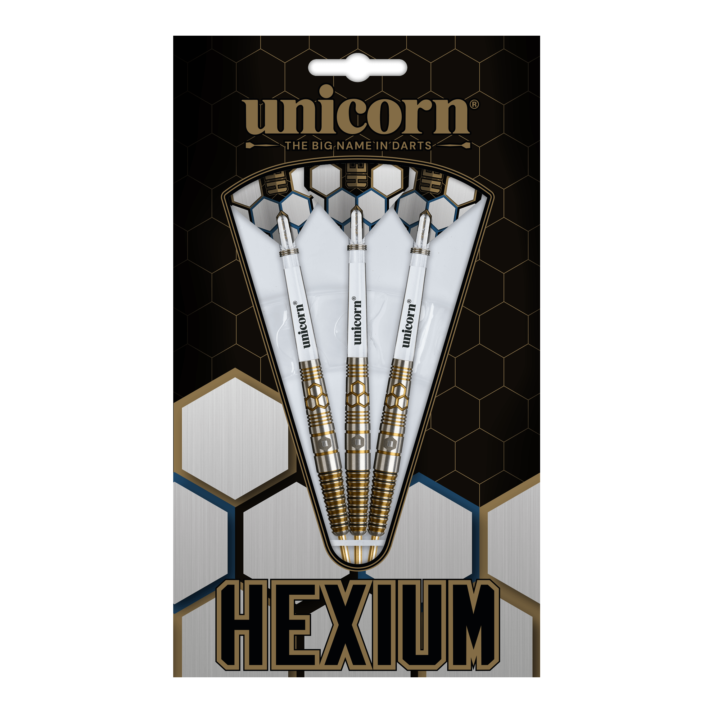 Freccette in acciaio Unicorn Hexium Style 03 oro e nere Dies ist das Produkt Unicorn Hexium Style 03 Gold & Black Steeldarts. Drei Steeldarts in Gold und Schwarz sind abgebildet.