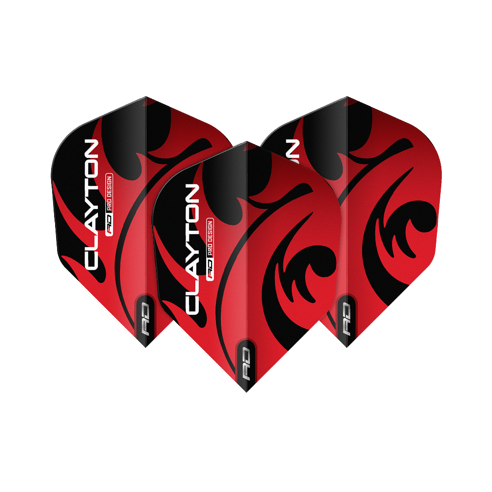 Voli Red Dragon Jonny Clayton Red Black No6 Auf dem Bild sind drei Dartflights des Produkts "Red Dragon Jonny Clayton Red Black No6 Flights" zu sehen. Die Flights sind rot-schwarz gestaltet und tragen den Aufdruck "CLAYTON".