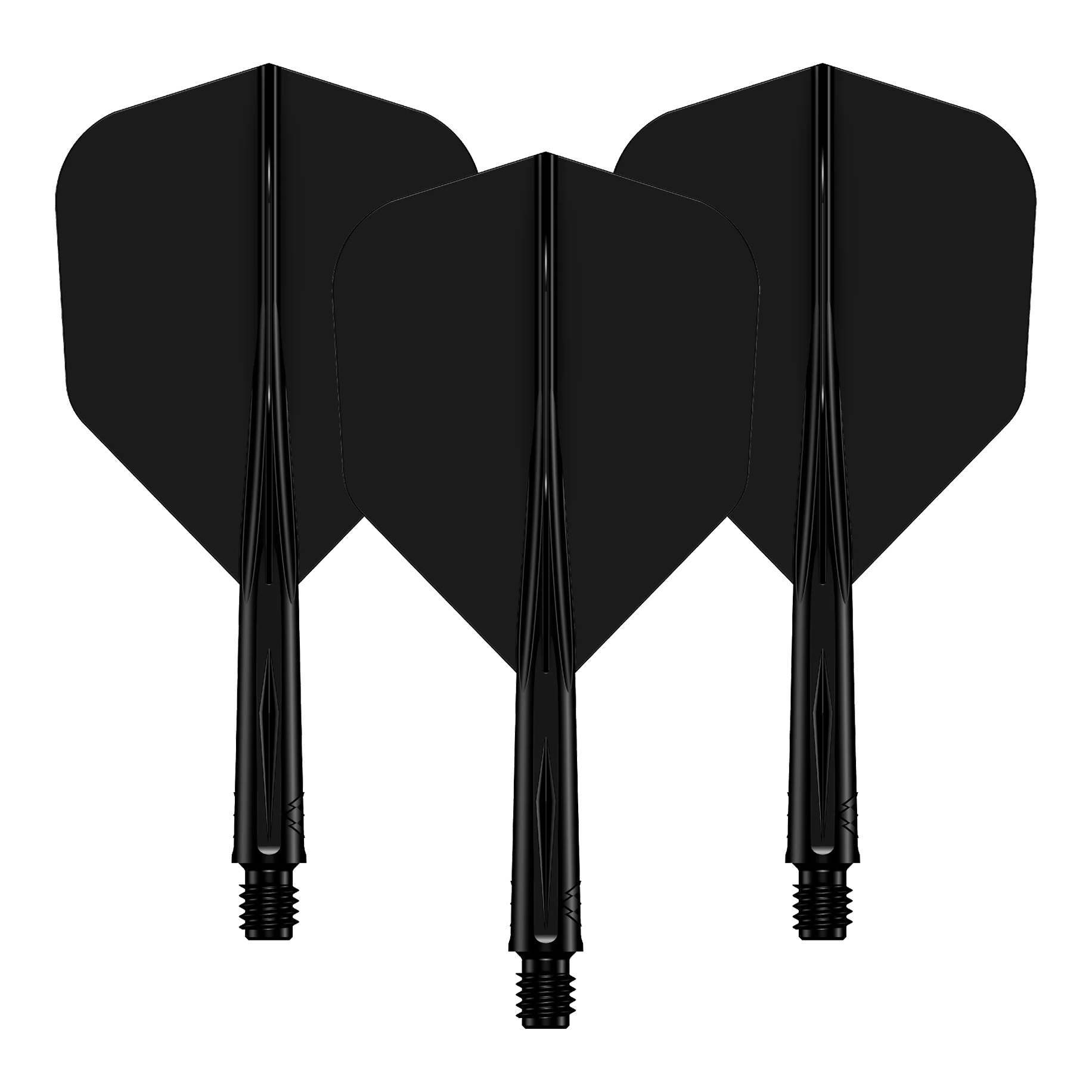 Sistema di alberi di volo Mission Force 90 No6 - Nero Das Bild zeigt drei schwarze Dartflights mit passenden Dartschäften. Sie sind hintereinander angeordnet und haben eine glänzende Oberfläche.