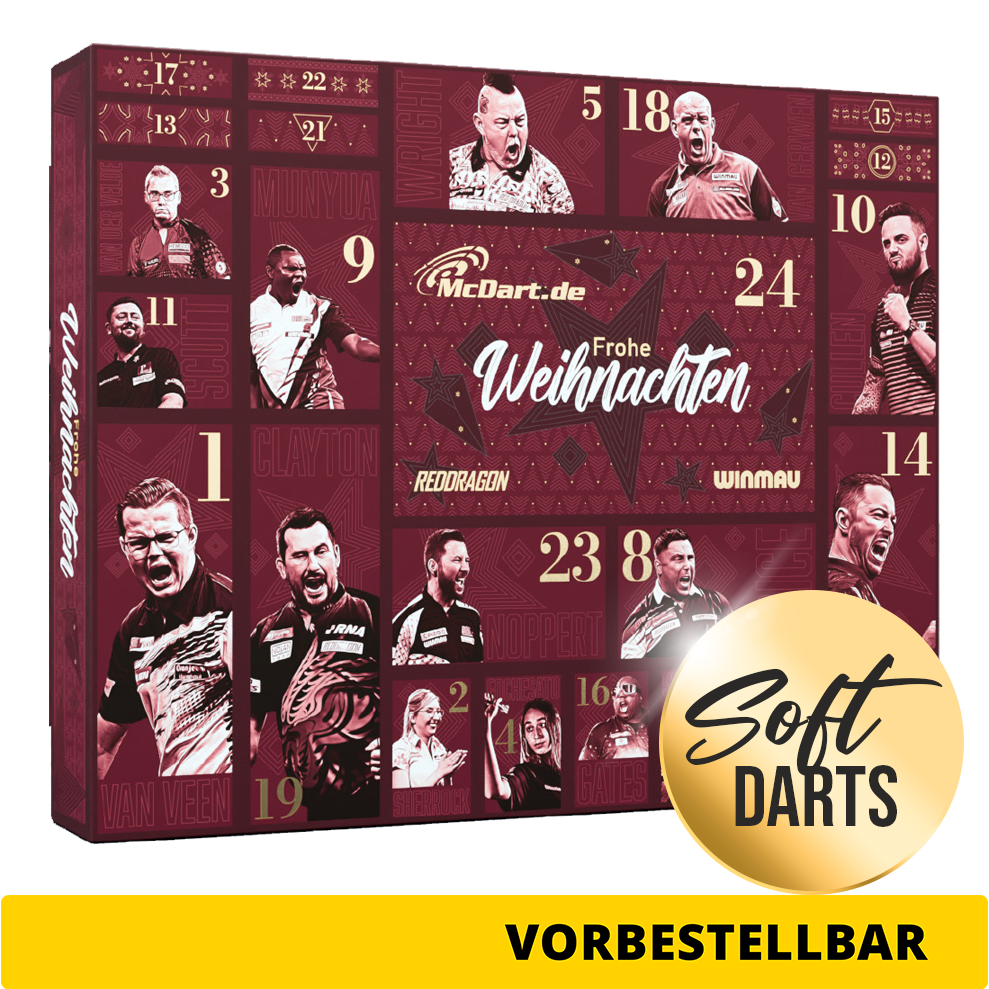 Calendario dell'Avvento McDart Premium 2026 per giocatori di freccette morbide Abgebildet ist der McDart Premium Adventskalender 2026 für Softdart-Spieler. Dieser Adventskalender richtet sich an Softdart-Fans.