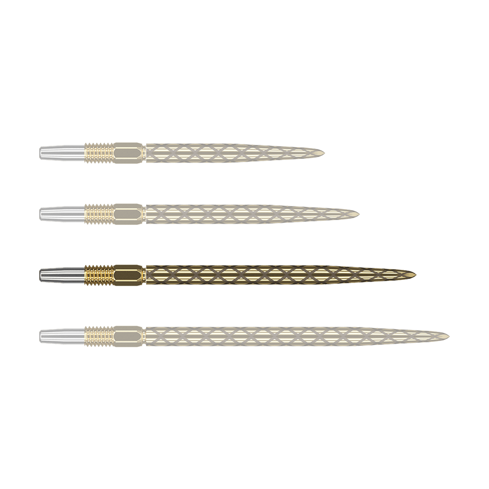 Punte per freccette Target Swiss Diamond Pro Gold Das Bild zeigt vier goldfarbene Dartspitzen mit rautenförmigem Muster. Die Spitzen sind nebeneinander angeordnet und haben am Ende einen silbernen Abschnitt.