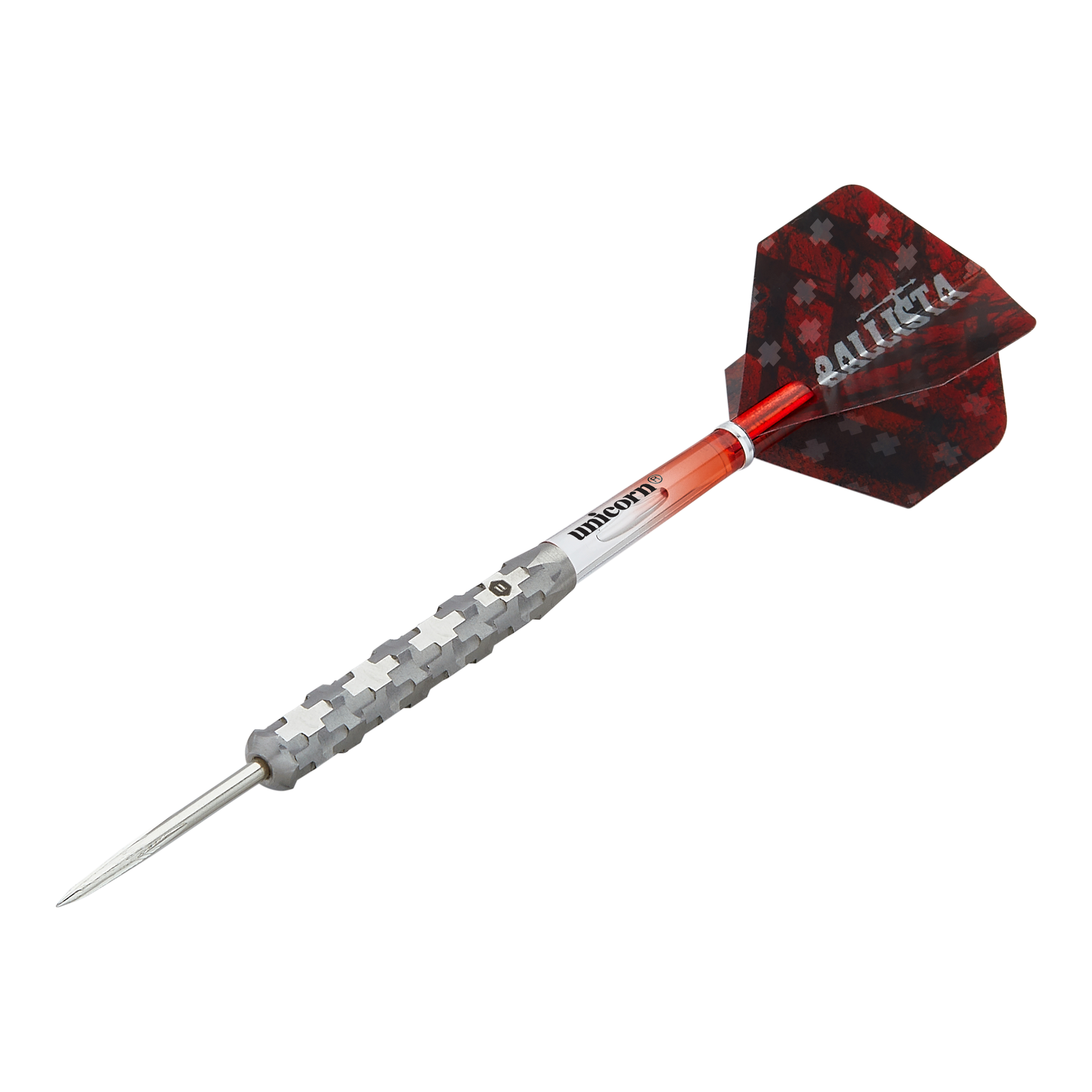 Freccette in acciaio Unicorn Ballista Style 1 Dies ist ein Steeldart aus der Produktreihe "Unicorn Ballista Style 1". Er hat einen silbernen, strukturierten Schaft und rote Flights mit Muster.