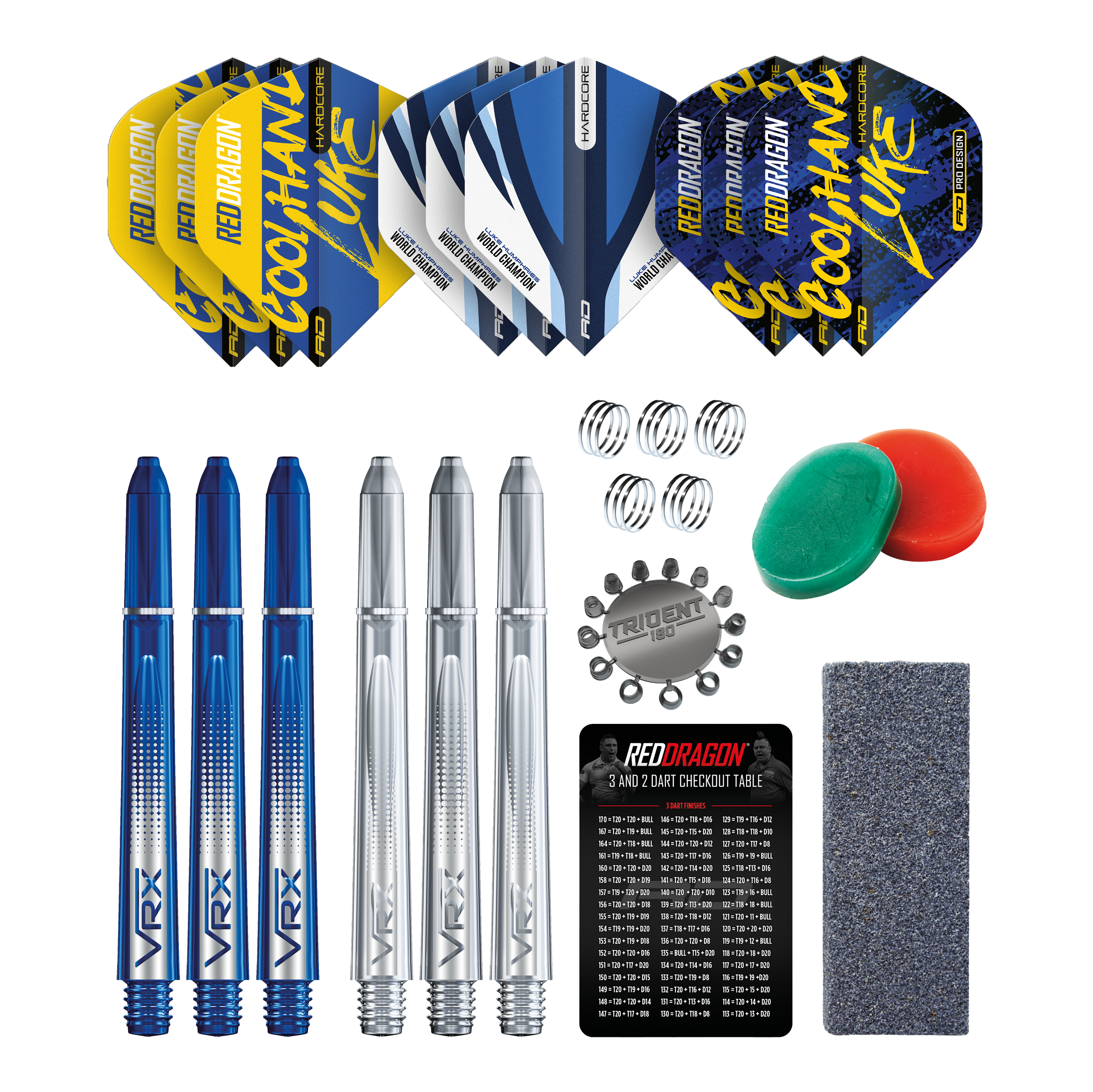 Pacchetto accessori Optima di Luke Humphries del Red Dragon Das Bild zeigt das Red Dragon Luke Humphries Optima Zubehör Pack für Darts. Enthalten sind Flights, Shafts, Federn, Tridents, ein Schleifstein, ein Checkout-Table, sowie weiteres nützliches Dartzubehör.