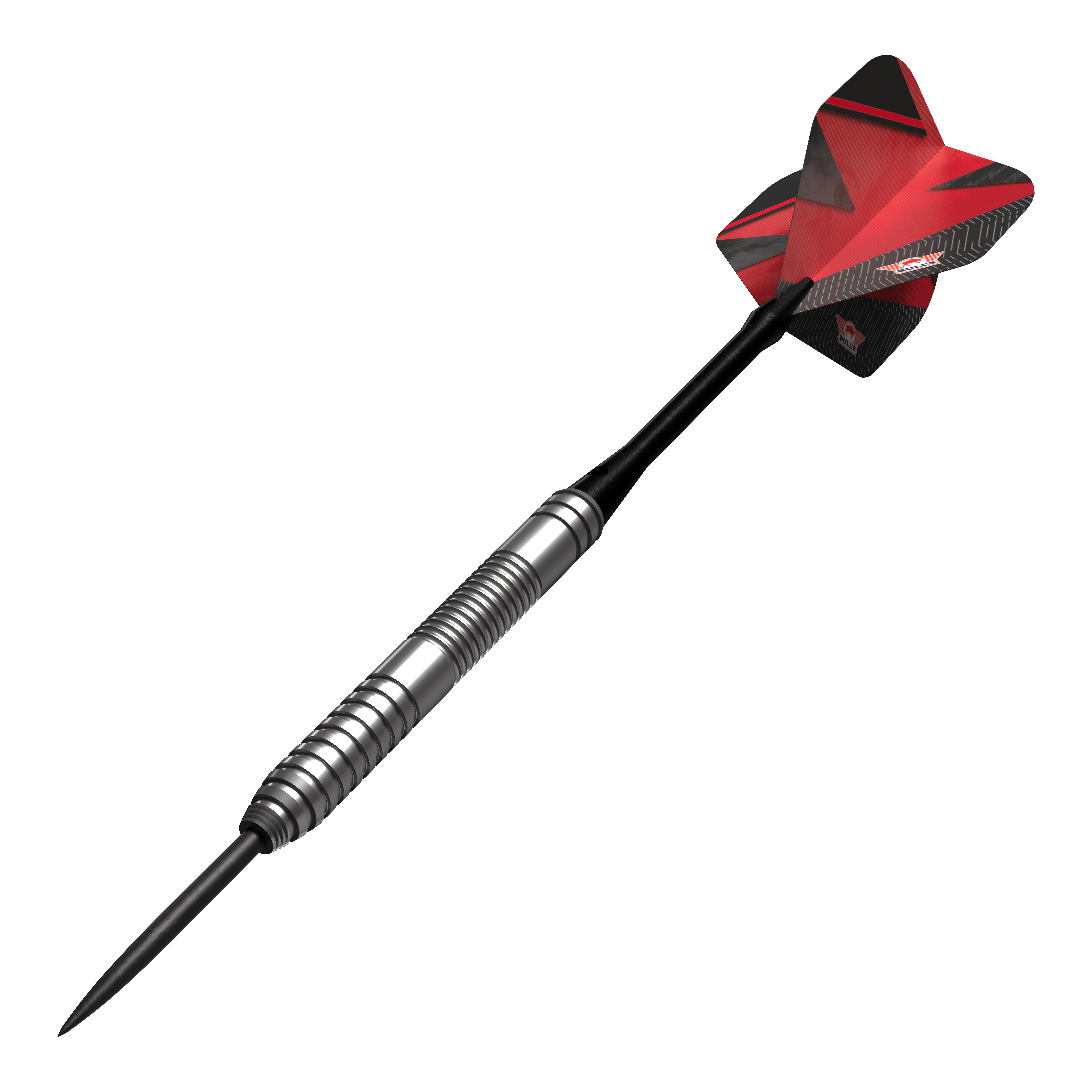 Bulls NL Lightning Freccette in acciaio rosse Das Bild zeigt einen Bulls NL Lightning Red Steeldart mit silbernem Barrel und roten Flights. Der Dart hat ein modernes Design und ist für Präzision beim Spielen gemacht.