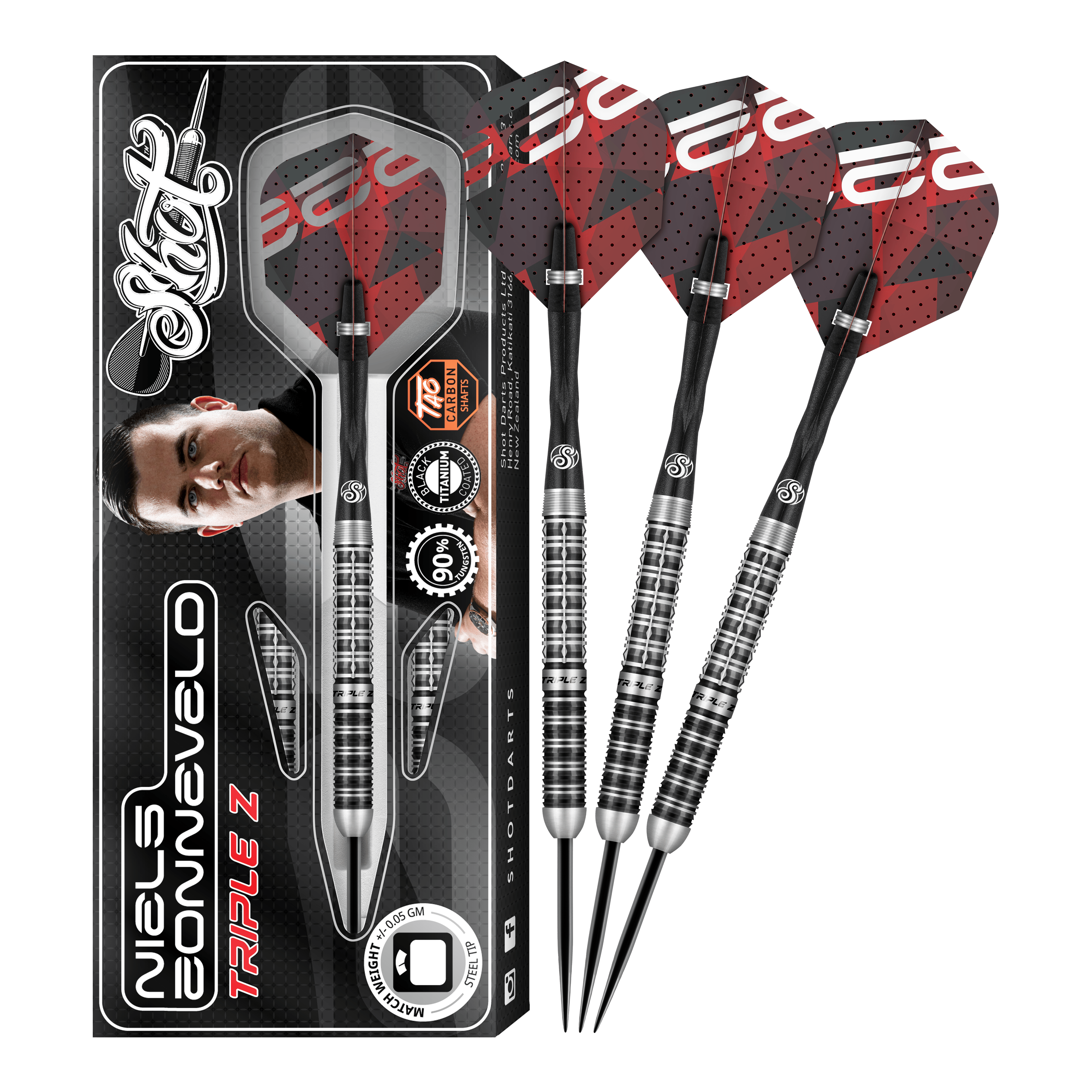 Freccette in acciaio Shot Niels Zonneveld V2 Das Bild zeigt das Produkt "Shot Niels Zonneveld V2 Steeldarts" samt Verpackung und vier Steeldarts. Die Darts haben ein silber-schwarzes Design mit roten Flights.