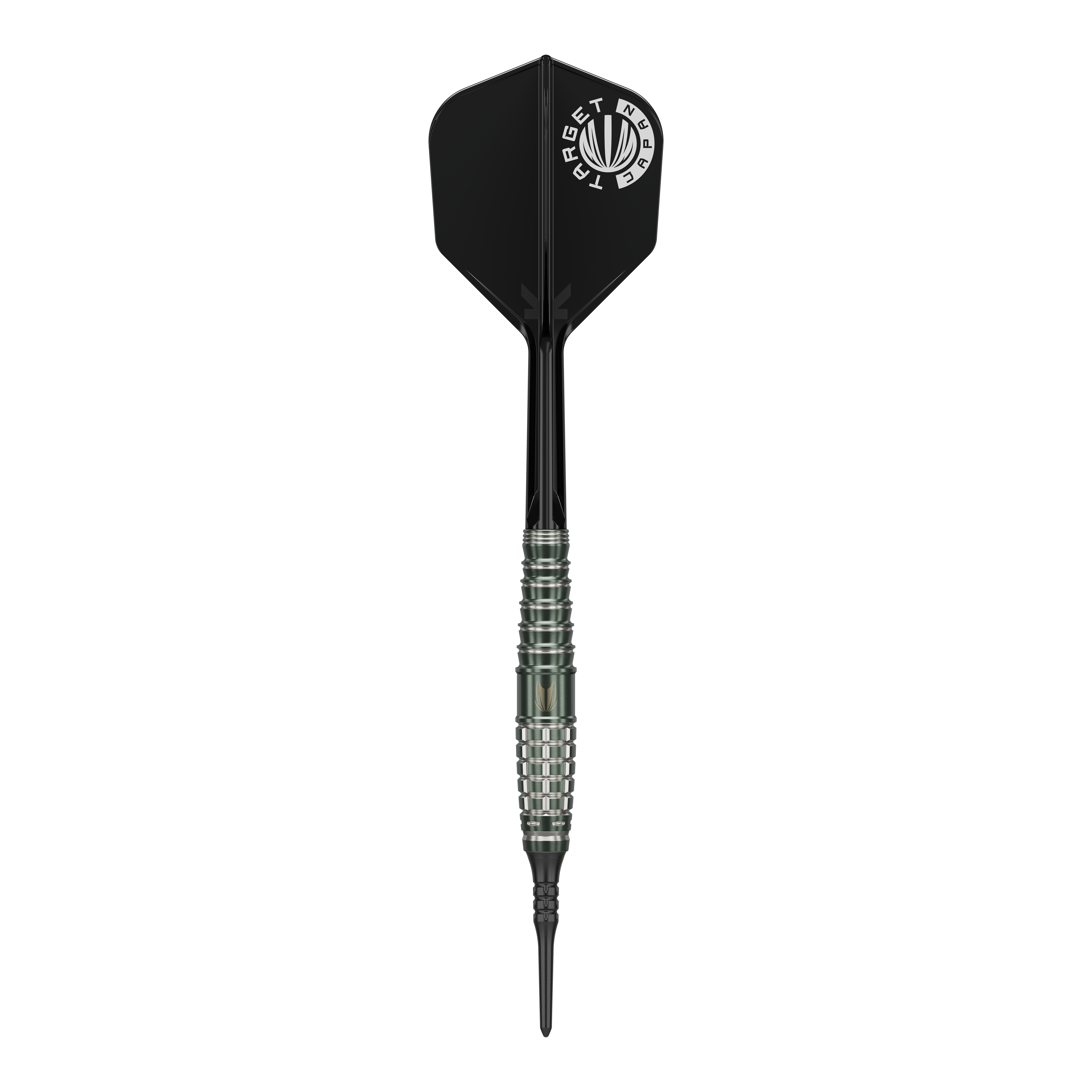Target Japan Akito Yamagata Scream GEN1 Freccette morbide - 19 g Das Bild zeigt einen Target Japan Akito Yamagata Scream GEN1 Softdart mit einem Gewicht von 19g. Der Dart hat eine schwarze Spitze, einen silbernen, geriffelten Schaft und eine schwarze Flights mit weißem Aufdruck.