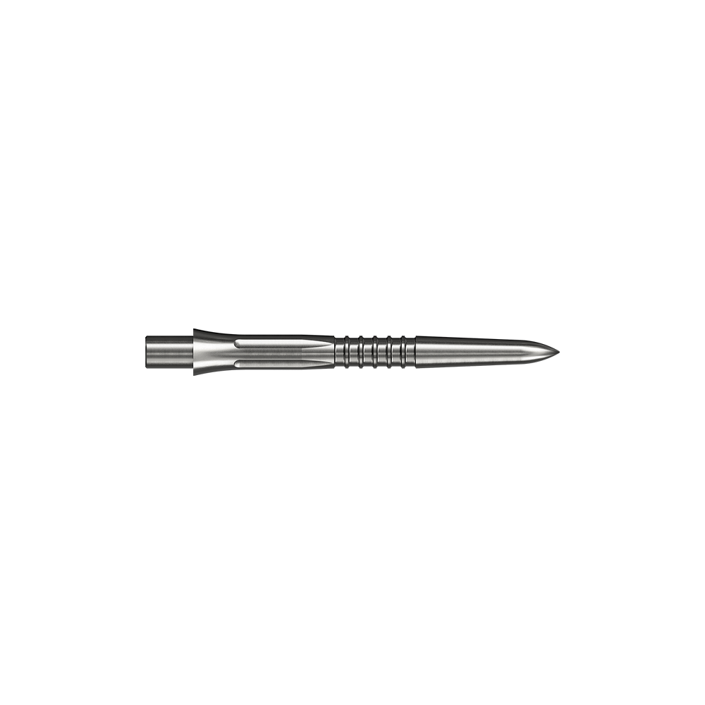 Das Bild zeigt eine silberne Steeldartspitze mit 26mm Länge. Es handelt sich um Mission Caliburn EVO GV1 Steeldartspitzen.