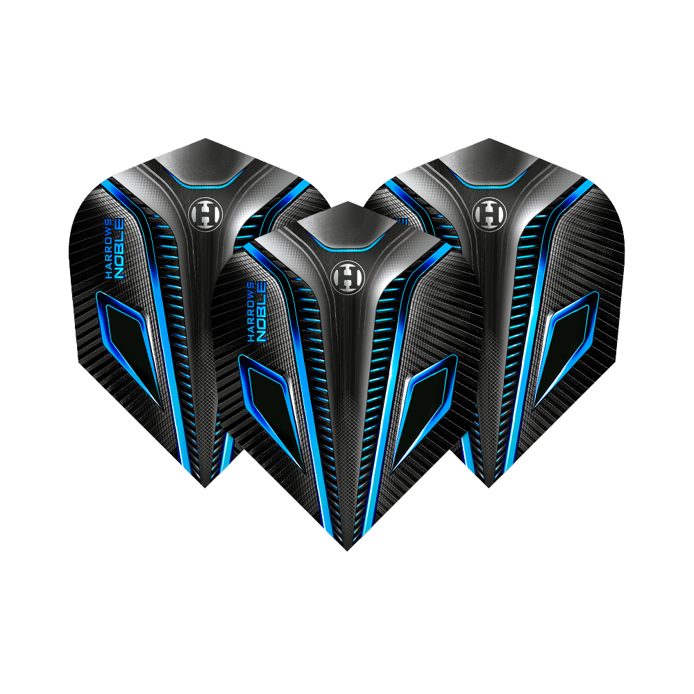 HR7_Harrows_Noble_Aqua_Standard_Flights_14J8PBJ8cZpXWT Das Bild zeigt drei Harrows Noble Aqua Standard Flights für Dartpfeile. Die Flights haben ein modernes Design in Schwarz mit blauen und silbernen Akzenten.