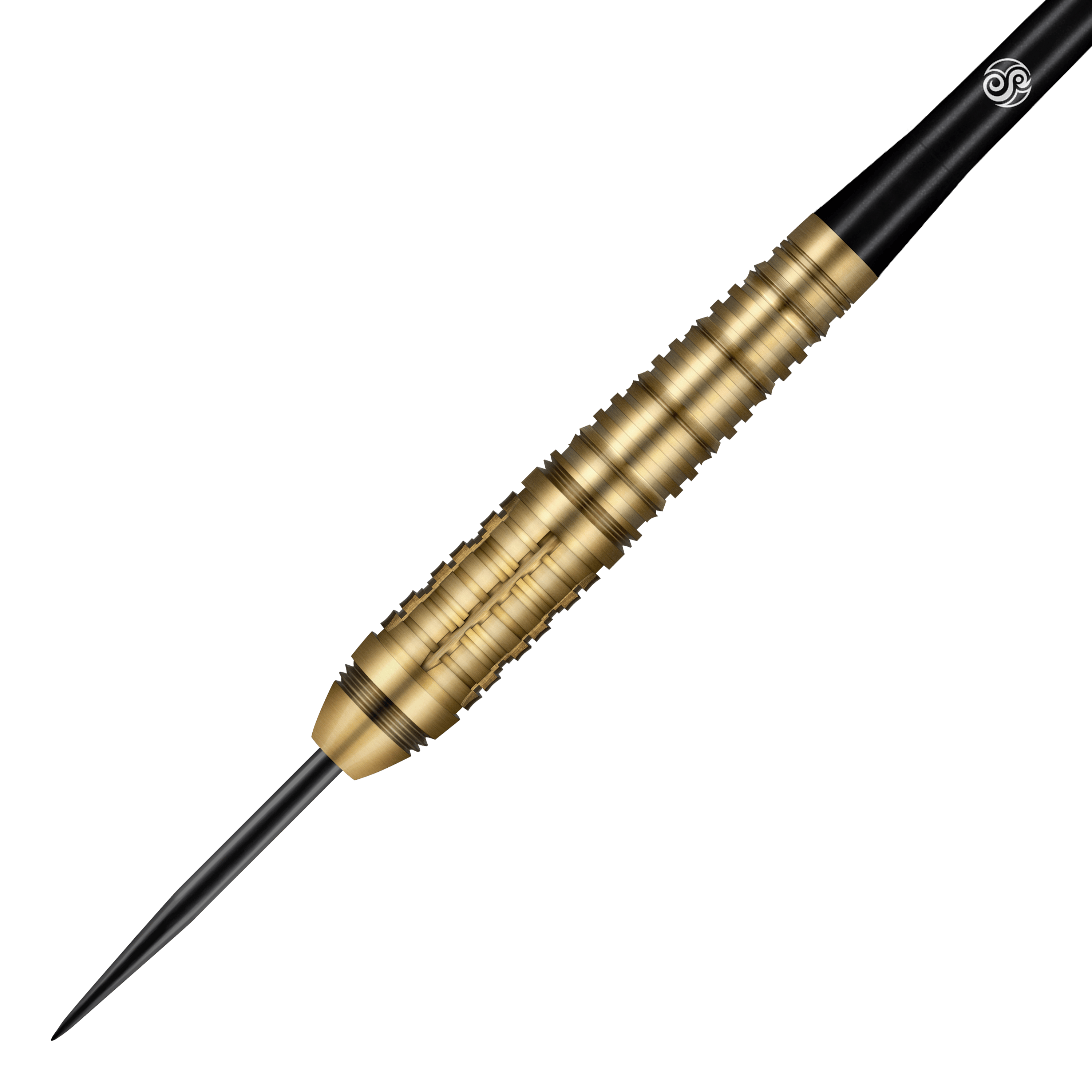 Freccette in acciaio Shot Redline Mach 1 Das Bild zeigt einen Steeldart der Marke Shot Redline Mach 1. Der Dart hat eine goldene, geriffelte Oberfläche und eine schwarze Spitze.