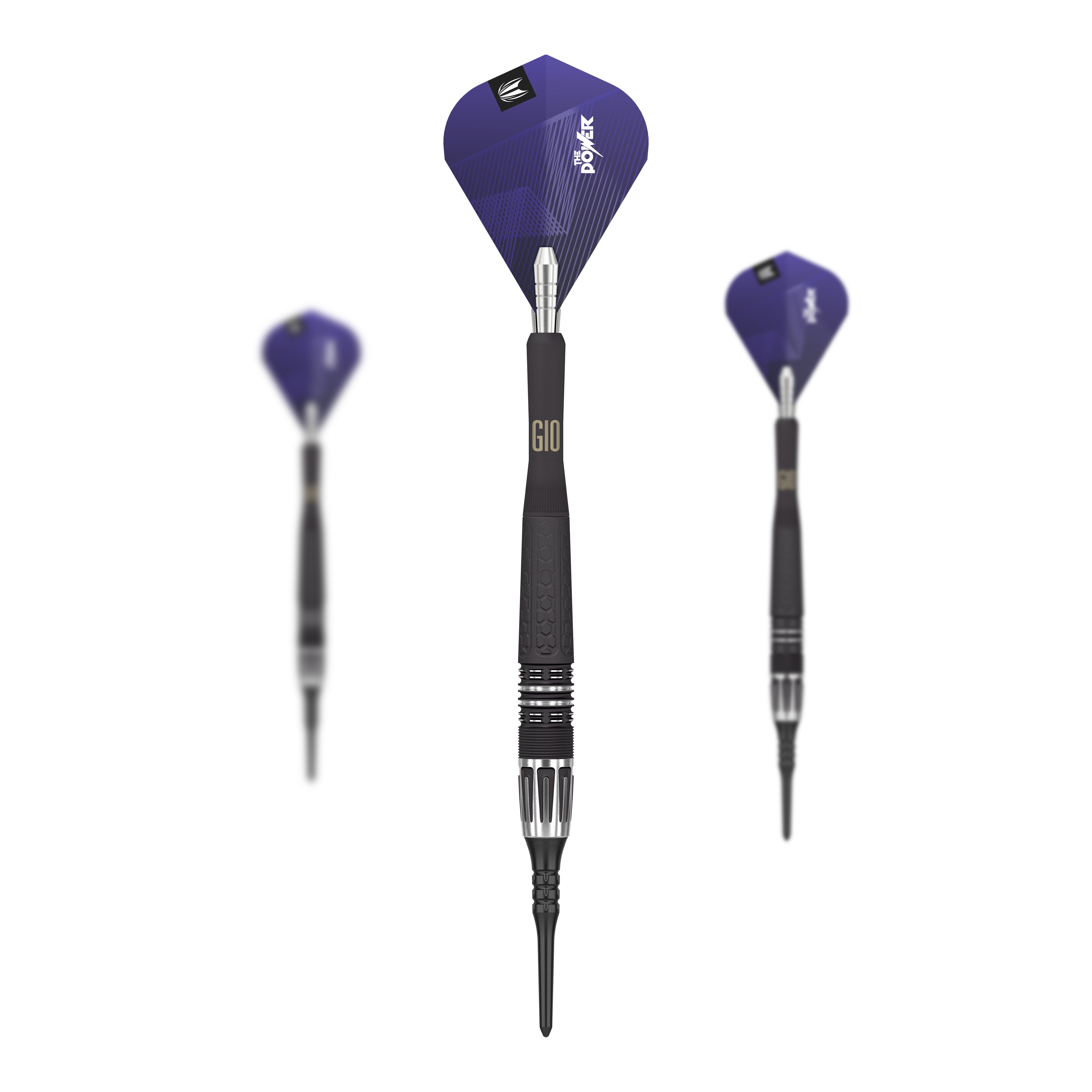 Freccette morbide Target Phil Taylor Power 9Five GEN10 Auf dem Bild sind drei Target Phil Taylor Power 9Five GEN10 Softdarts zu sehen. Die Darts haben schwarze Griffe und blaue Flights mit dem Aufdruck "Power".