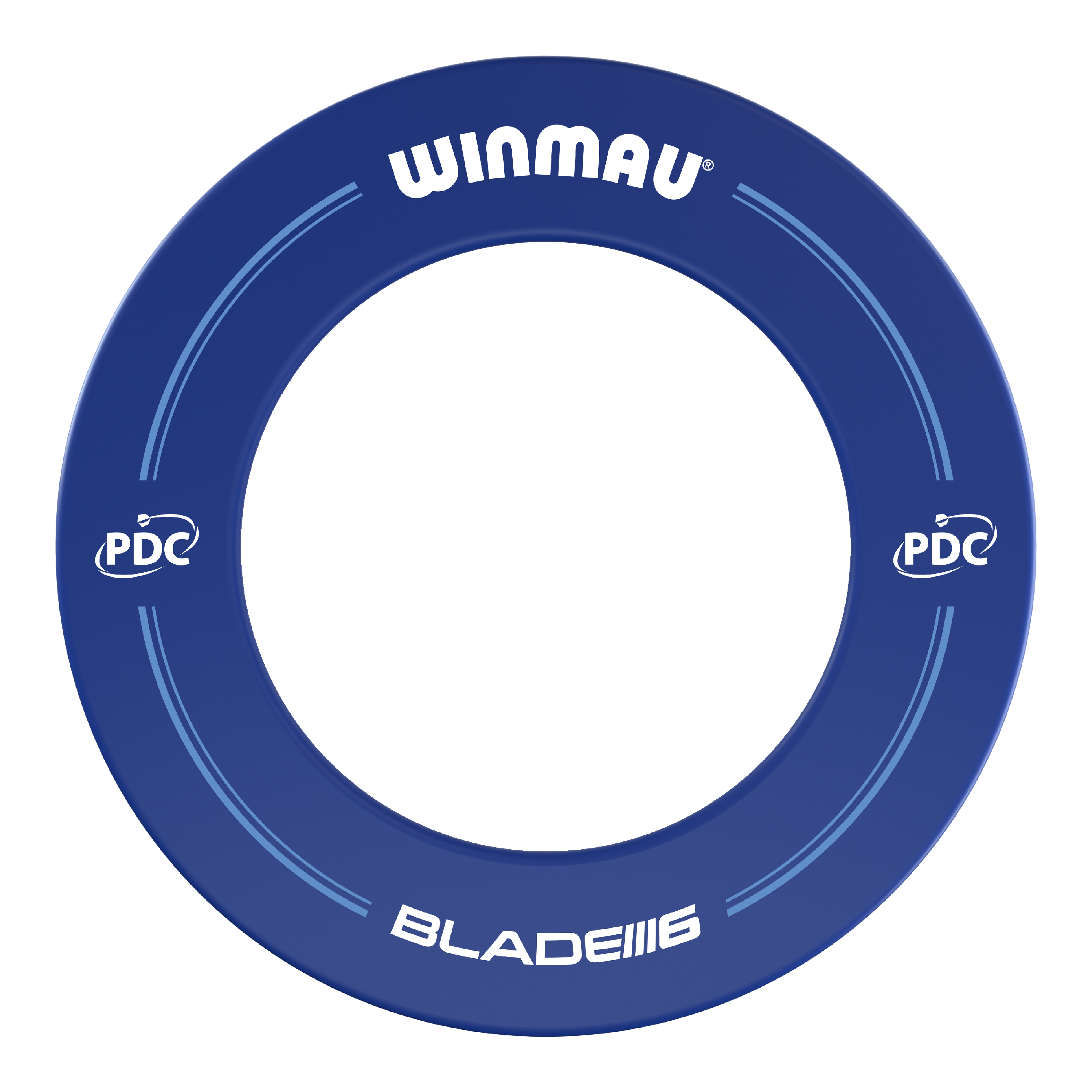 Winmau PDC Dartboard Surround - Blu Das Bild zeigt einen blauen Dartboard-Surround der Marke Winmau mit PDC-Logo. Auf dem Ring stehen die Worte "WINMAU" und "BLADE 6".