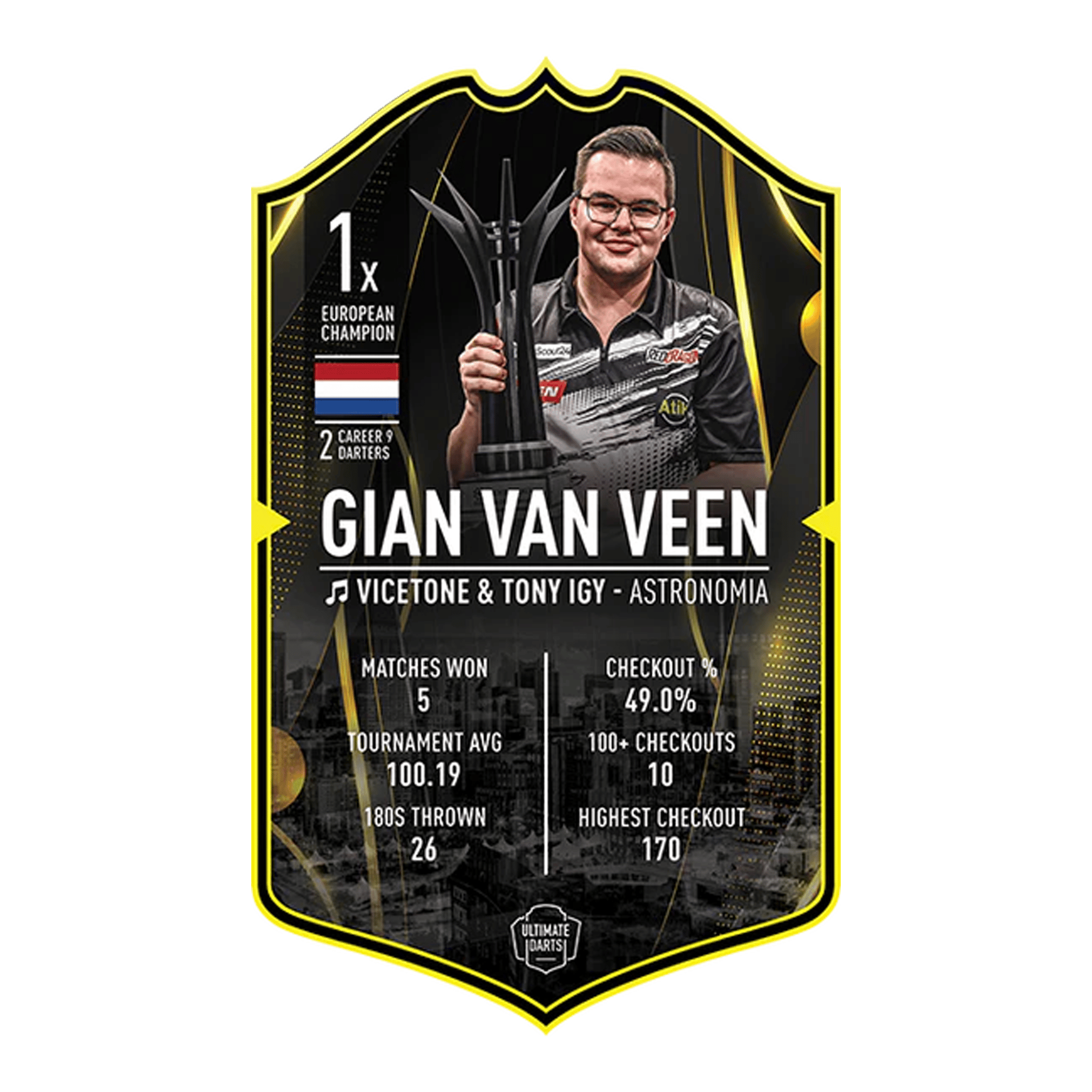 Ultimate Darts Card - Gian Van Veen. Diese Karte zeigt den Spieler Gian Van Veen aus der Ultimate Darts Card Serie.