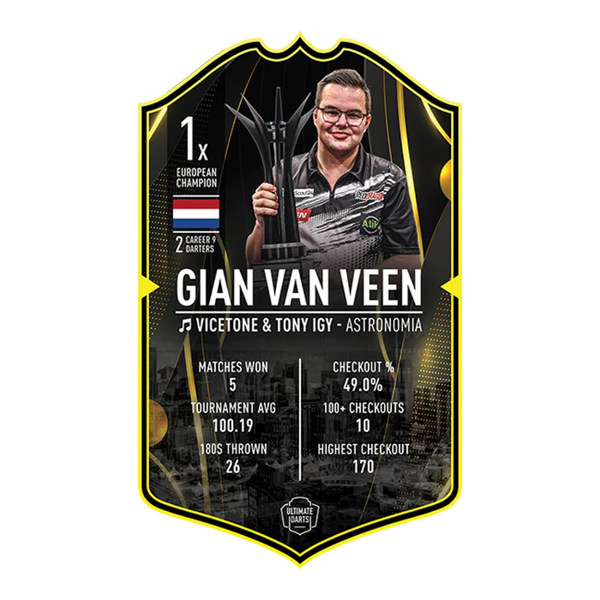 Carta freccette definitiva - Gian Van Veen Ultimate Darts Card - Gian Van Veen. Diese Karte zeigt den Spieler Gian Van Veen aus der Ultimate Darts Card Serie.