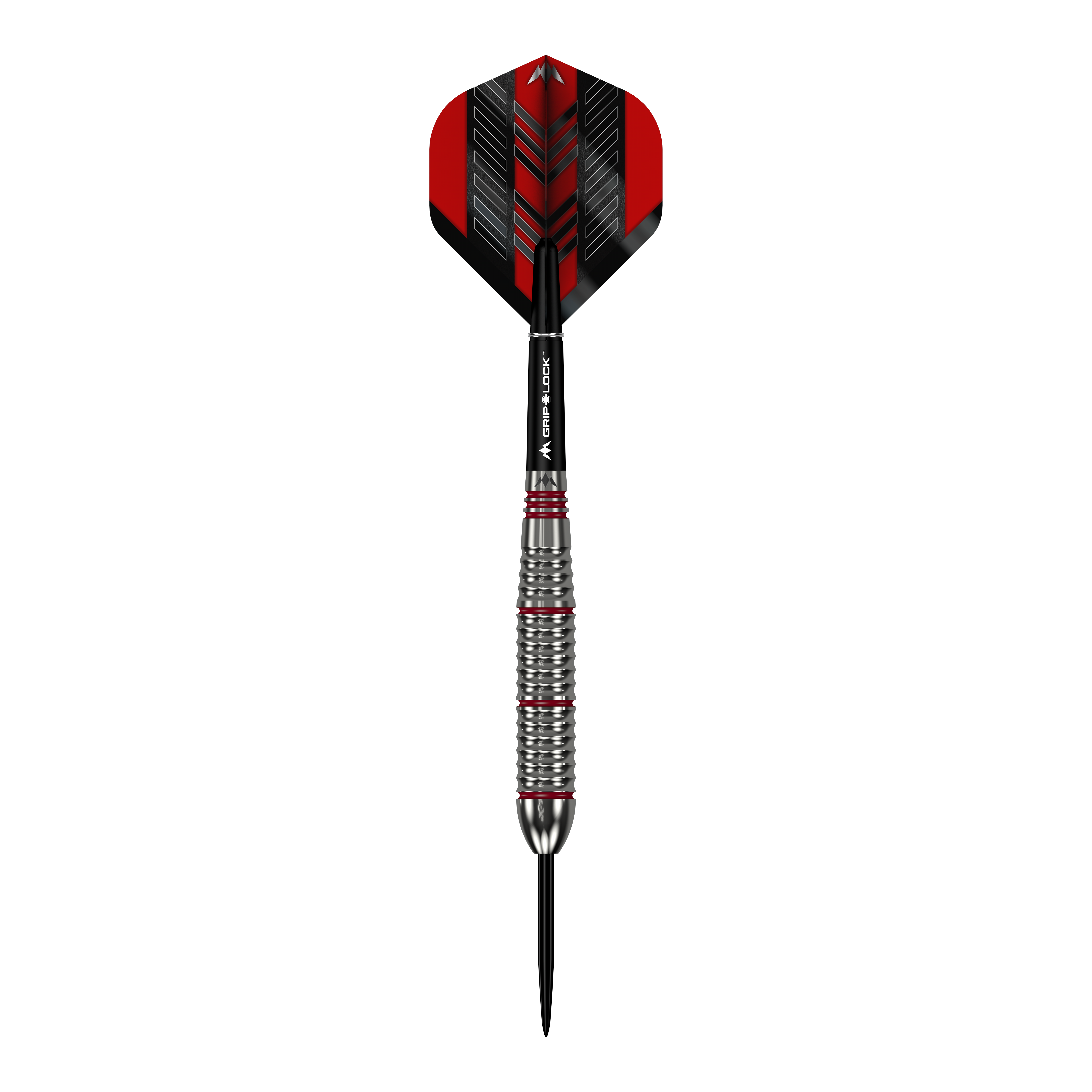 Freccette Mission Rogue in ottone e acciaio - 22 g Das Bild zeigt einen Mission Rogue Brass Steeldart mit einem Gewicht von 22 Gramm. Der Dart hat ein silbernes, geriffeltes Barrel und rote sowie schwarze Akzente an Flight und Shaft.