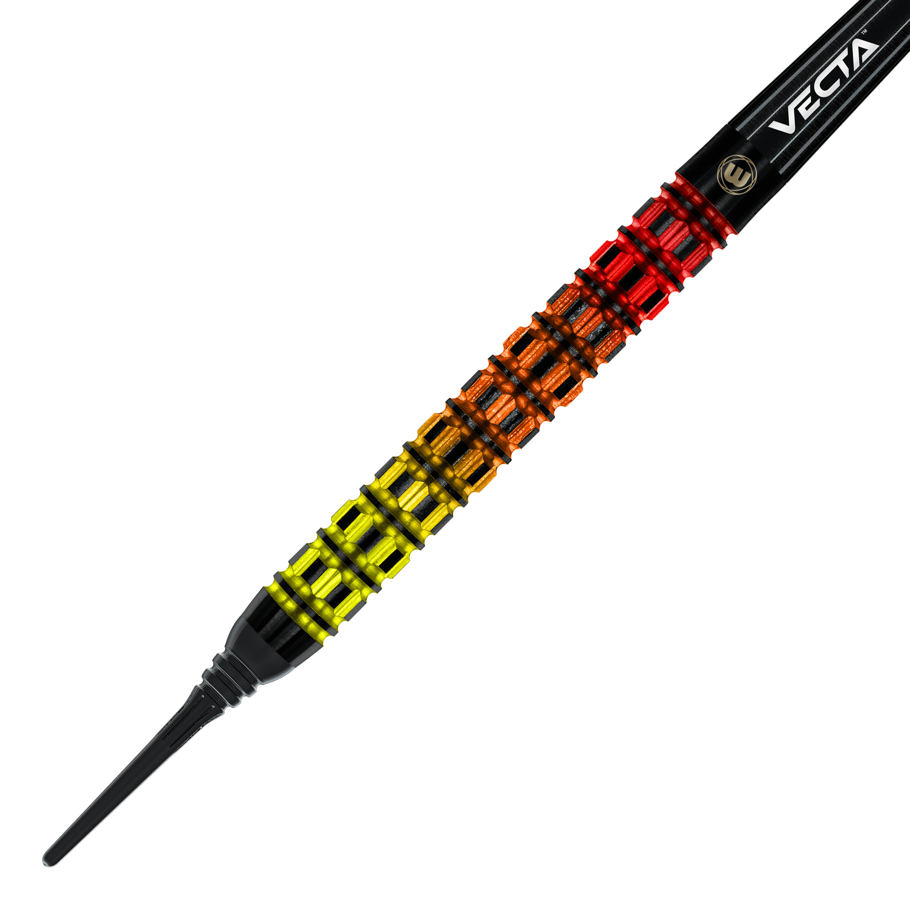 Freccette morbide parallele Winmau Firestorm Flame - 20 g Das Bild zeigt einen Winmau Firestorm Flame Parallel Softdart mit 20 Gramm Gewicht. Der Dart hat ein auffälliges Griffdesign in den Farben Gelb, Orange und Rot.