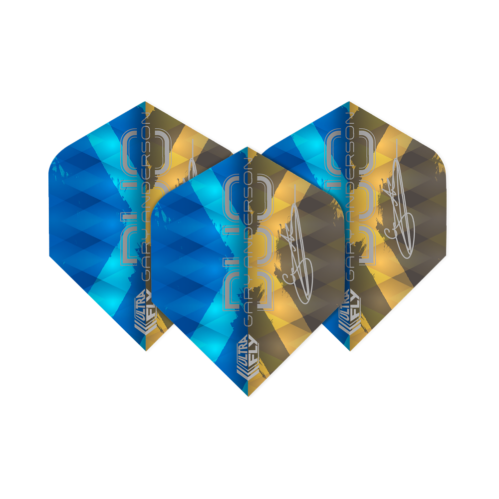 Voli Unicorn Ultrafly 100 Gary Anderson Duo Plus Das Bild zeigt drei Dartflights der Marke "Unicorn Ultrafly 100 Gary Anderson Duo Plus". Die Flights sind in den Farben Blau und Gold gestaltet und tragen den Schriftzug "Gary Anderson".