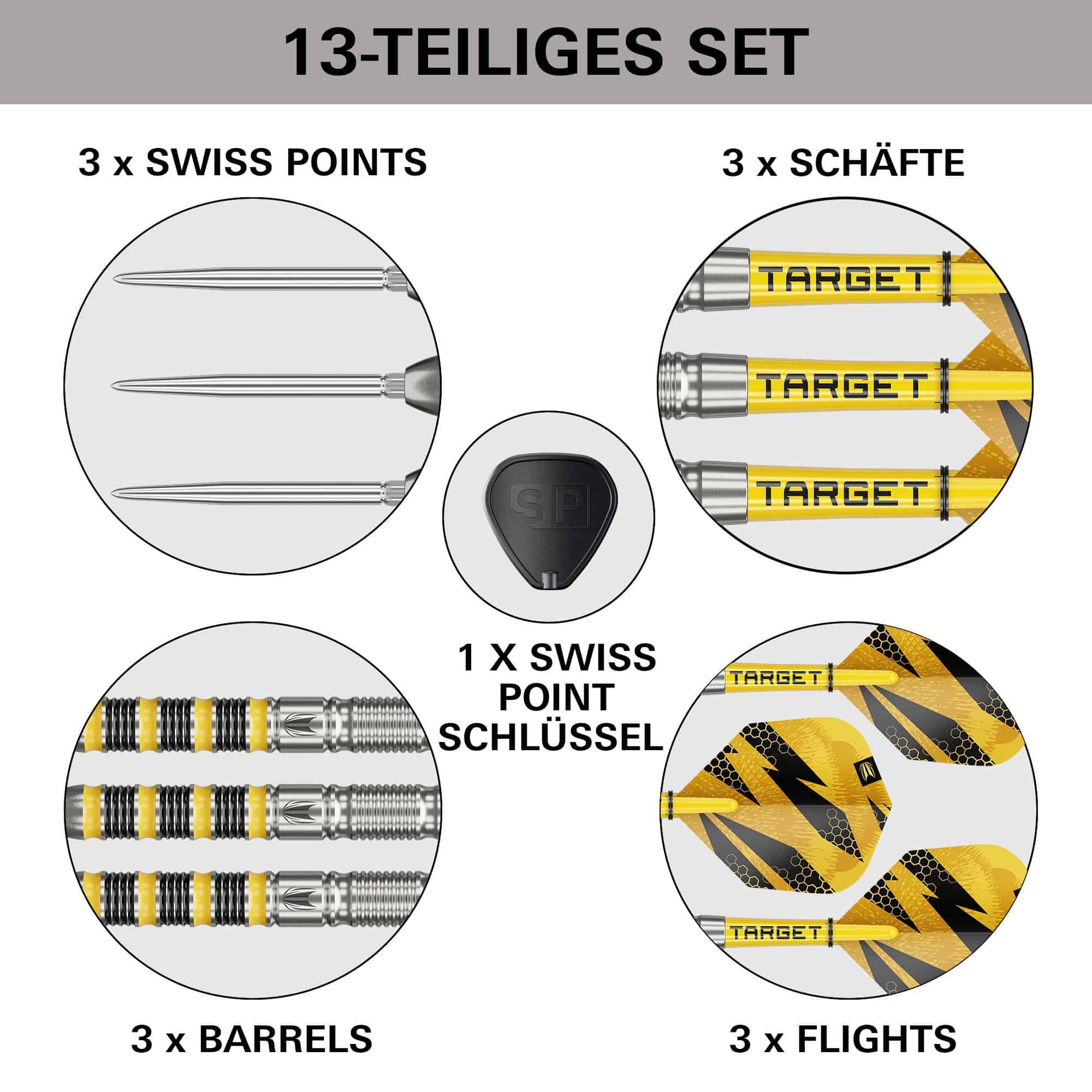 Freccette in acciaio Target Buzz 01 Swiss Points Abgebildet sind die Target Buzz 01 Swiss Points Steeldarts. Diese Darts überzeugen durch ihr modernes Design.