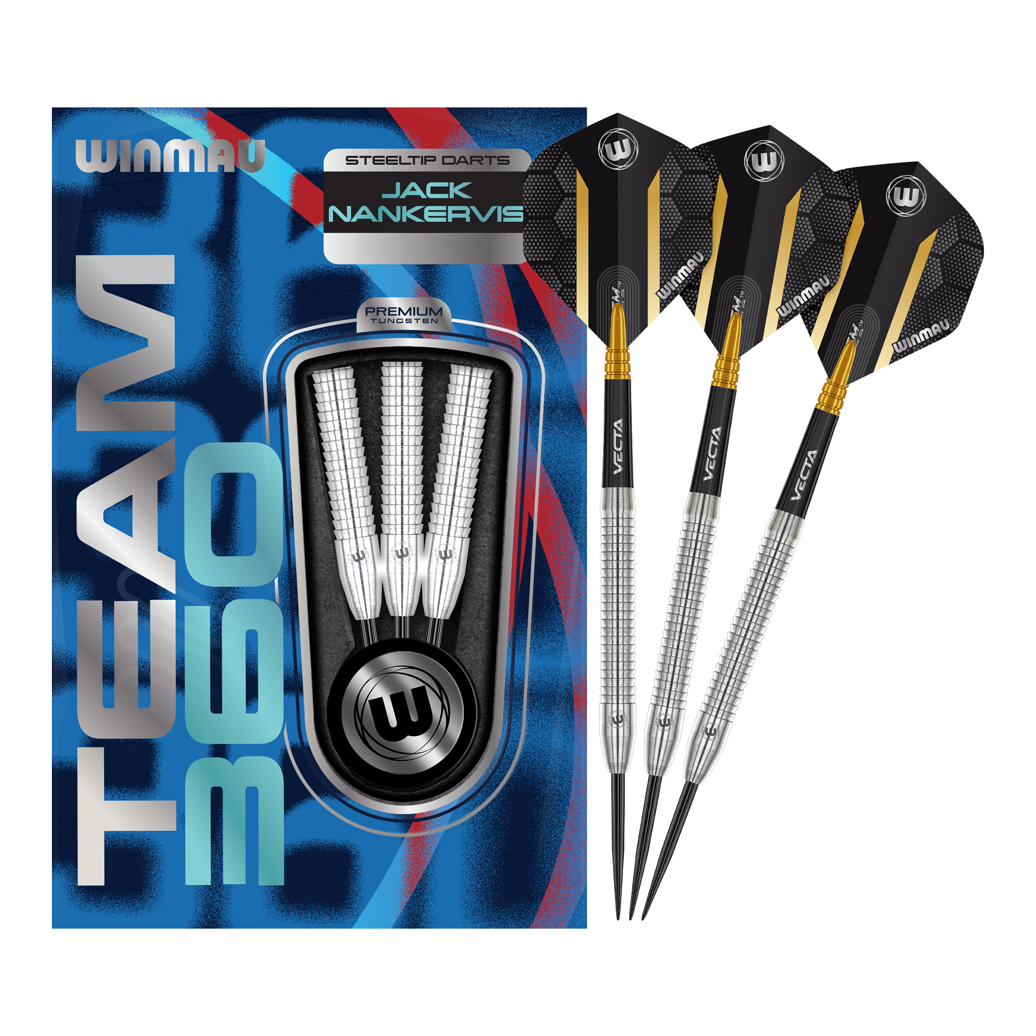 Freccette in acciaio Winmau Team 360 Jack Nankervis - 24 g Auf dem Bild sind die Winmau Team 360 Jack Nankervis Steeldarts mit 24g zu sehen. Diese Steeldarts bieten eine ausgezeichnete Kontrolle beim Wurf.