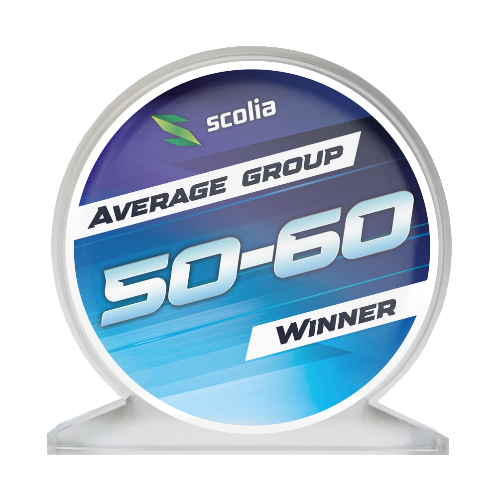 Trofeo in vetro acrilico Scolia - Vincitore Acrylglaspokal mit der Aufschrift 'Average 50-60' ist zu sehen. Das Design zeigt eine klare, rechteckige Trophäe.