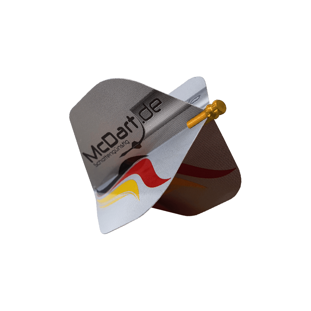 611_Alu_Flightschoner_Gold_2 Das Bild zeigt ein Produkt namens "Alu Flightschoner", das an einem Dart-Flight befestigt ist. Der Flightschoner ist aus Aluminium und dient zum Schutz der Dart-Flights.