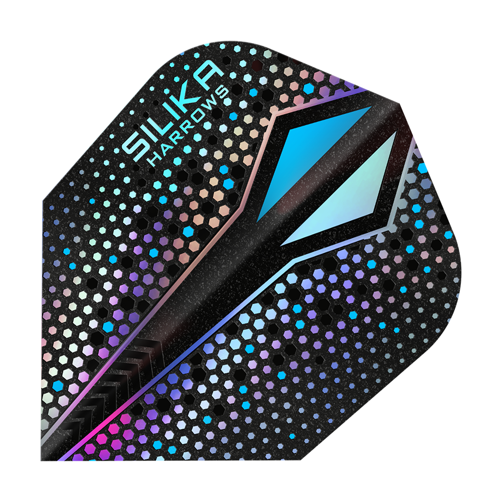 Harrows Silika Colourshift Rivestimento cristallino resistente Alette Silver-X No6 Das Bild zeigt ein Dart-Flight mit dem Namen "Harrows Silika Colourshift Tough Crystalline Coating Silver-X No6". Das Flight hat ein glänzendes, sechseckiges Muster mit schimmernden Farben und einem markanten blauen Designelement.