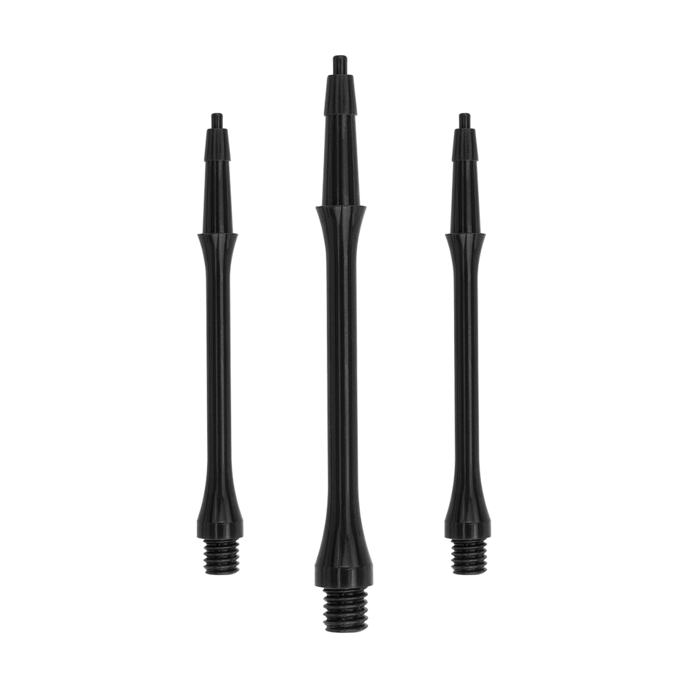 HRC-12589_Harrows_Clic_Slim_Shafts_Black_37mm_1tLHKCMMzBrtkv Das Bild zeigt drei schwarze Harrows Clic Slim Shafts für Darts. Sie sind schlank und haben ein Gewinde am unteren Ende zur Befestigung.