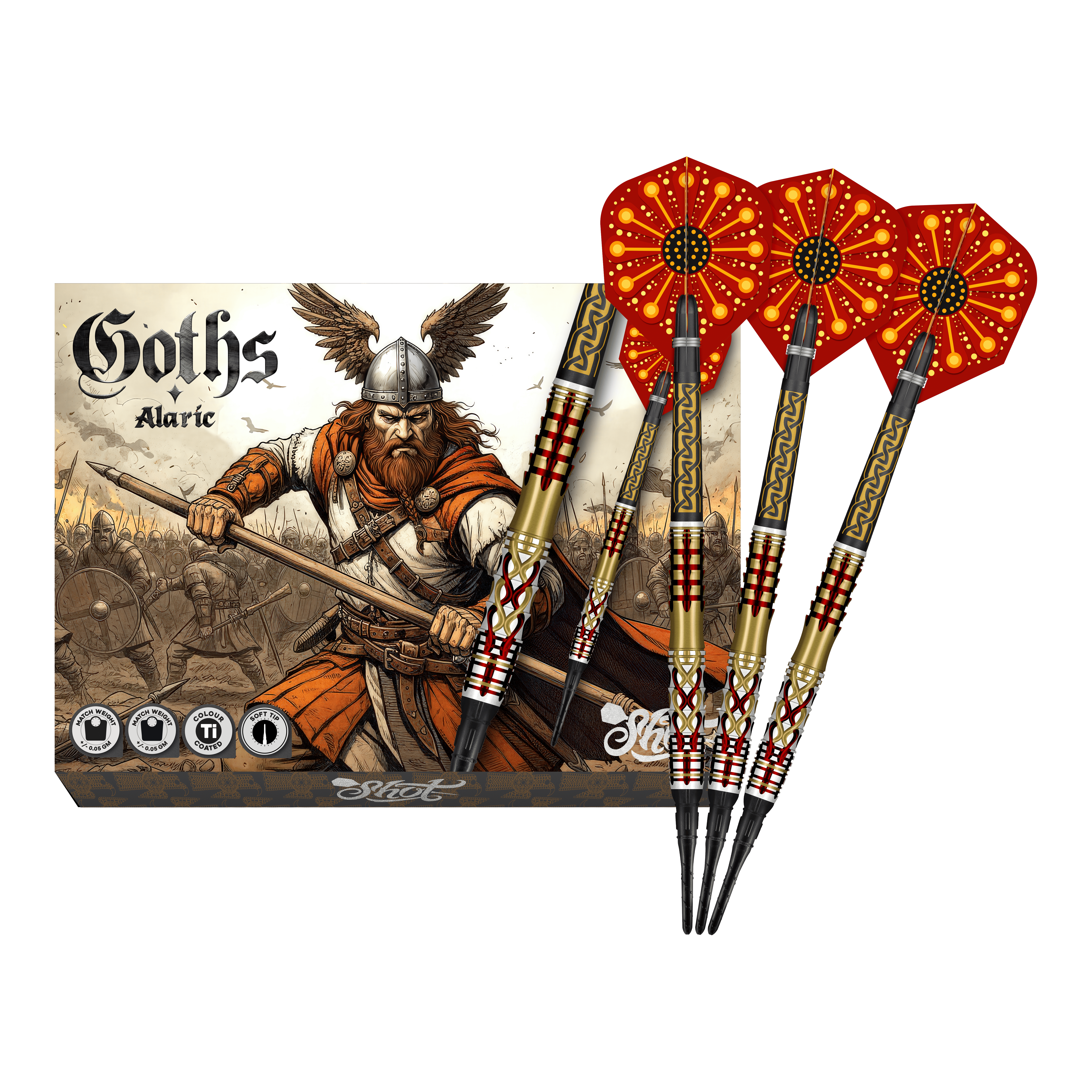 Freccette morbide Shot Goths Alaric - 20 g Abgebildet sind die Shot Goths Alaric Softdarts - 20g in voller Ansicht. Die gesamte Länge der Darts ist deutlich erkennbar.