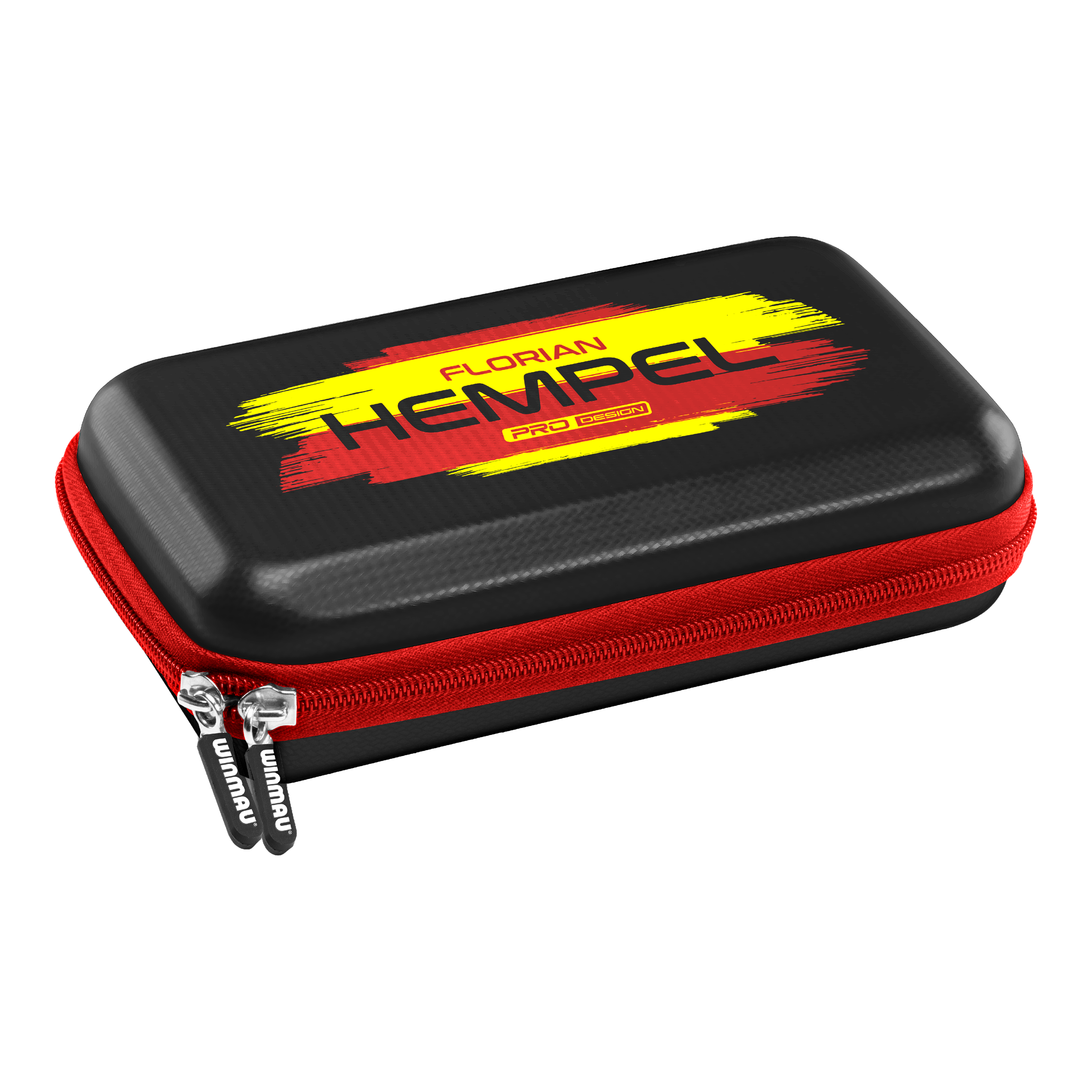 Custodia per freccette Winmau Florian Hempel Tour Edition Das Bild zeigt das Winmau Florian Hempel Tour Edition Dartcase. Das Etui ist schwarz mit einem roten Reißverschluss und einem gelb-roten Aufdruck.