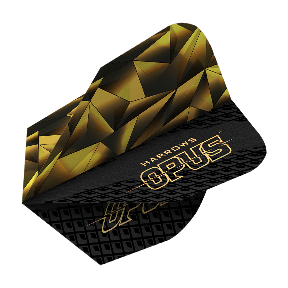 Voli della versione 1 dell'Opus di Harrow Das Bild zeigt das Produkt "Harrows Opus Version 1 Flights". Das Design ist in Schwarz und Gold mit geometrischen Mustern und dem Schriftzug "OPUS" gestaltet.