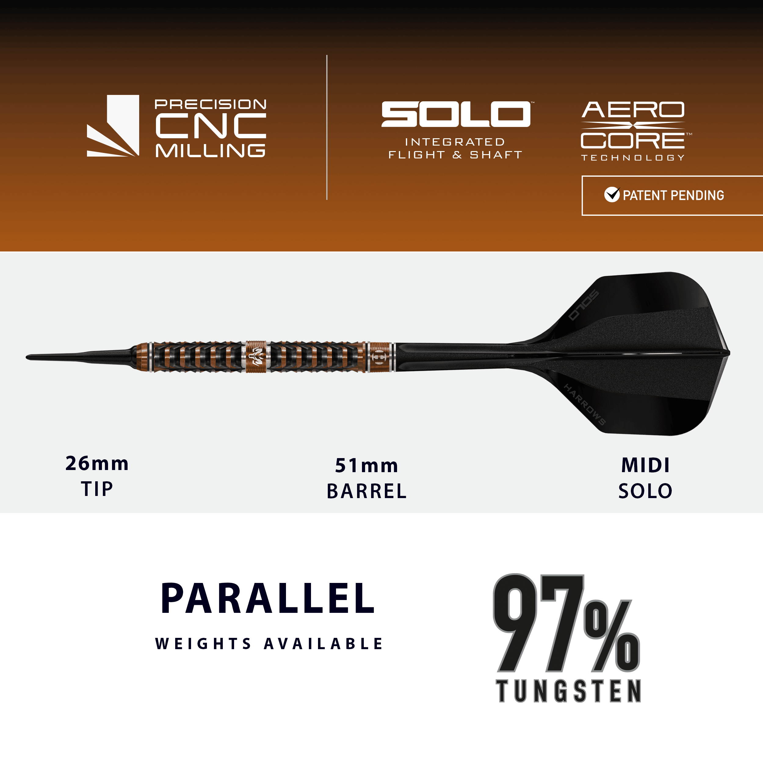 Freccette morbide Harrows Tungsten Trinity Das Bild zeigt die Harrows Wolfram Trinity Softdarts. Diese Softdarts sind ideal für präzises Werfen geeignet.