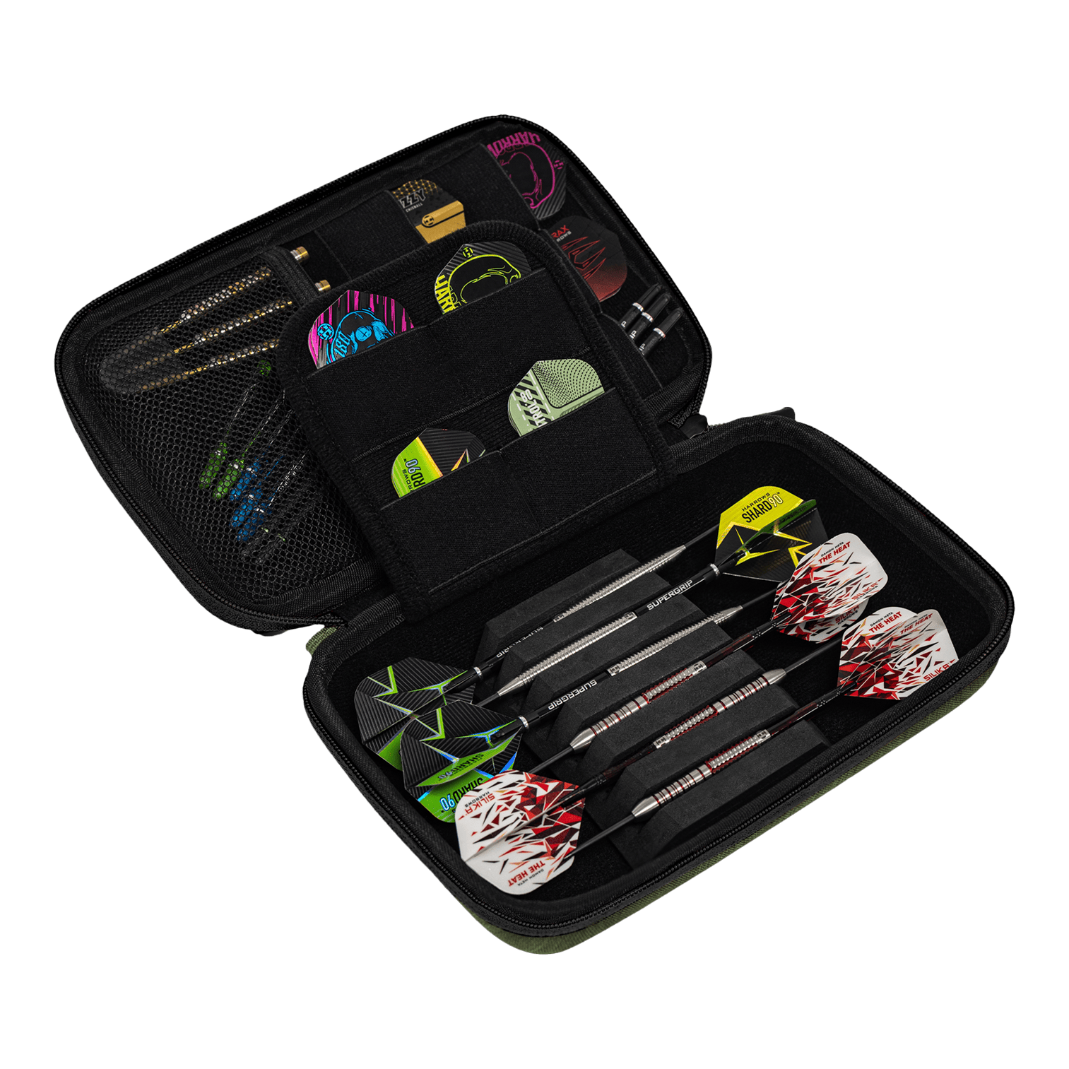Portafoglio per freccette Harrows Smart Case XL Das Bild zeigt ein offenes Dart-Etui mit mehreren Fächern. Darin befinden sich drei zusammengesetzte Darts sowie diverses Dart-Zubehör und Ersatzteile.