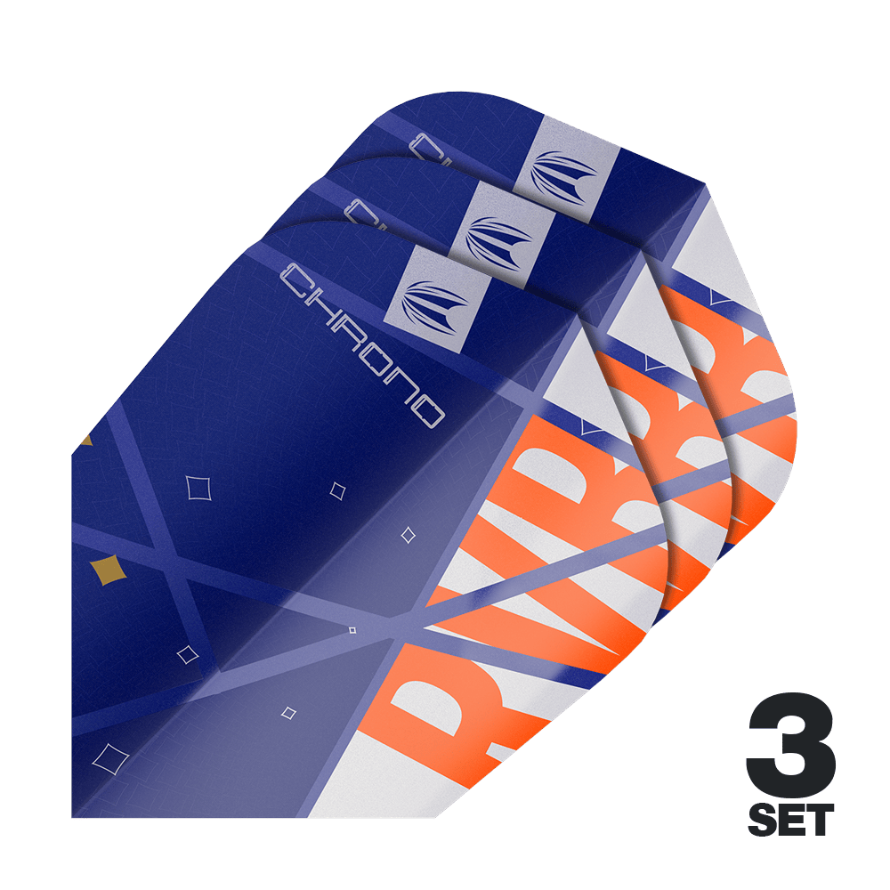Target Pro Ultra Raymond Van Barneveld Chrono Ten-X Standard Flights - 3 set Auf dem Bild sind drei Sätze von Target Pro Ultra Raymond Van Barneveld Chrono Ten-X Standard Flights zu sehen. Die Flights sind überwiegend blau mit orangefarbenen und weißen Akzenten gestaltet.