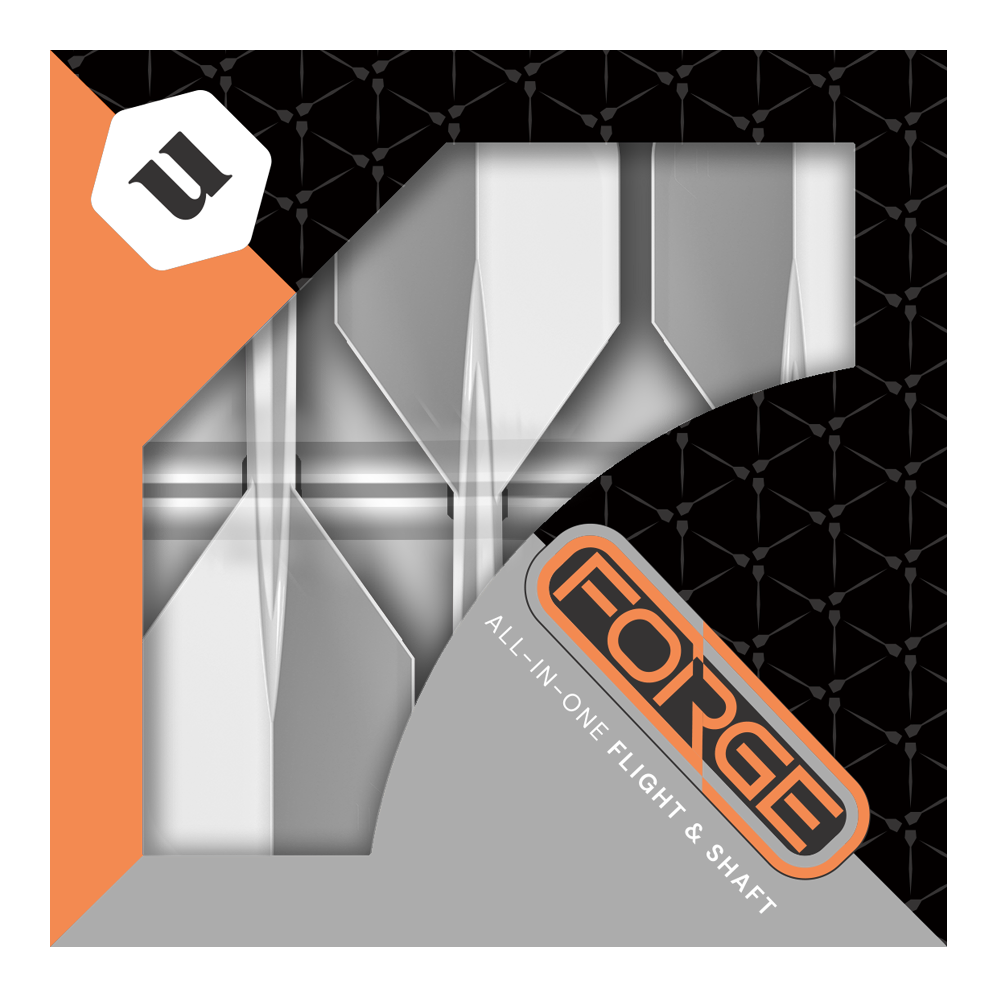 Unicorn Forge All In One Plus No2 Standard Flights Trasparente - Medio Das Bild zeigt die Verpackung des Produkts „Unicorn Forge All In One Plus No2 Standard Flights Clear - Medium“. Die Verpackung ist in Schwarz, Orange und Grau gehalten und zeigt die Flights und Shafts durch ein Sichtfenster.
