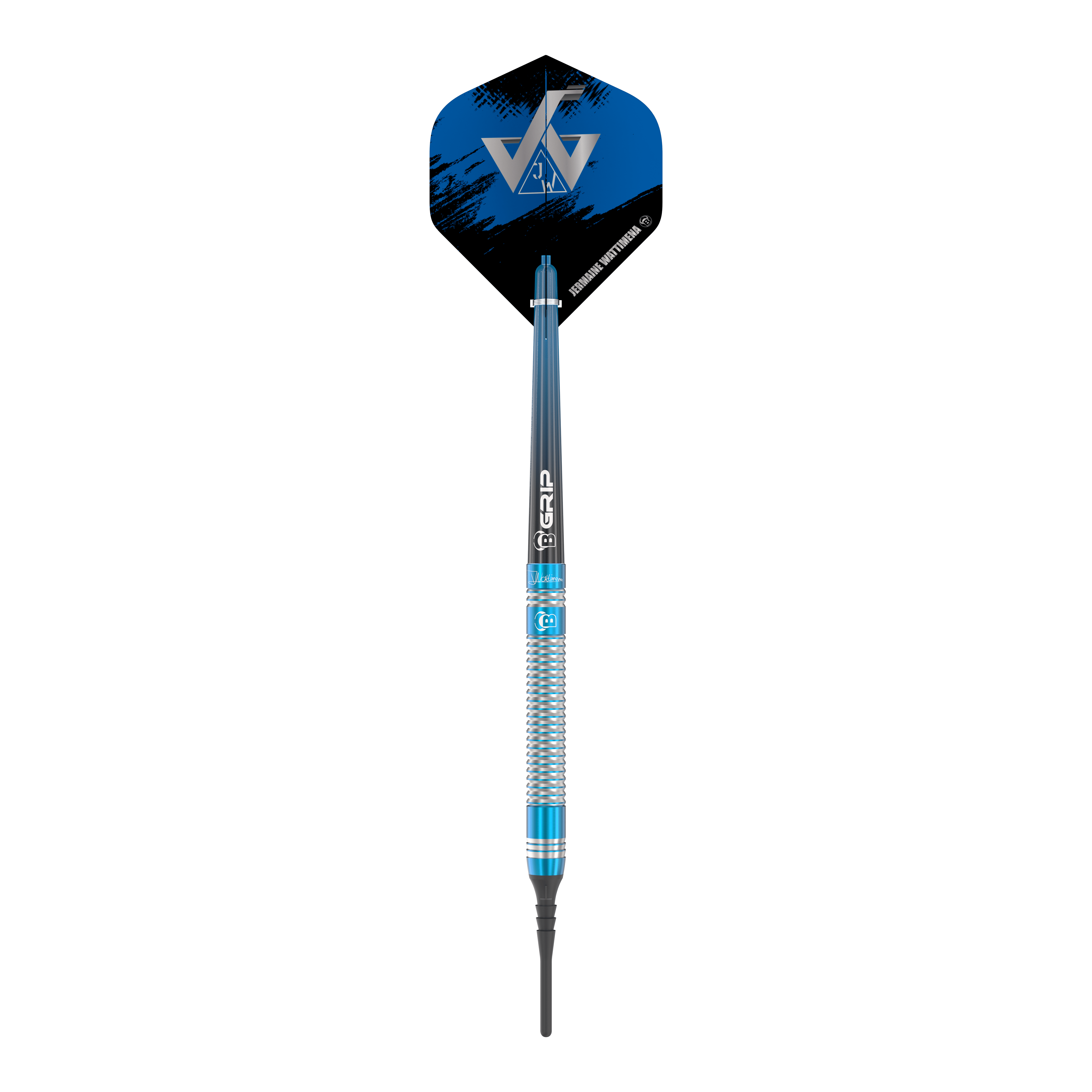 Bulls Jermaine Wattimena Generation 3 Soft Darts - 20 g Das Bild zeigt einen Bulls Jermaine Wattimena Generation 3 Softdart mit 20g Gewicht. Der Dartpfeil hat ein auffälliges blau-silbernes Design und ein schwarzes Flight mit silbernem Logo.