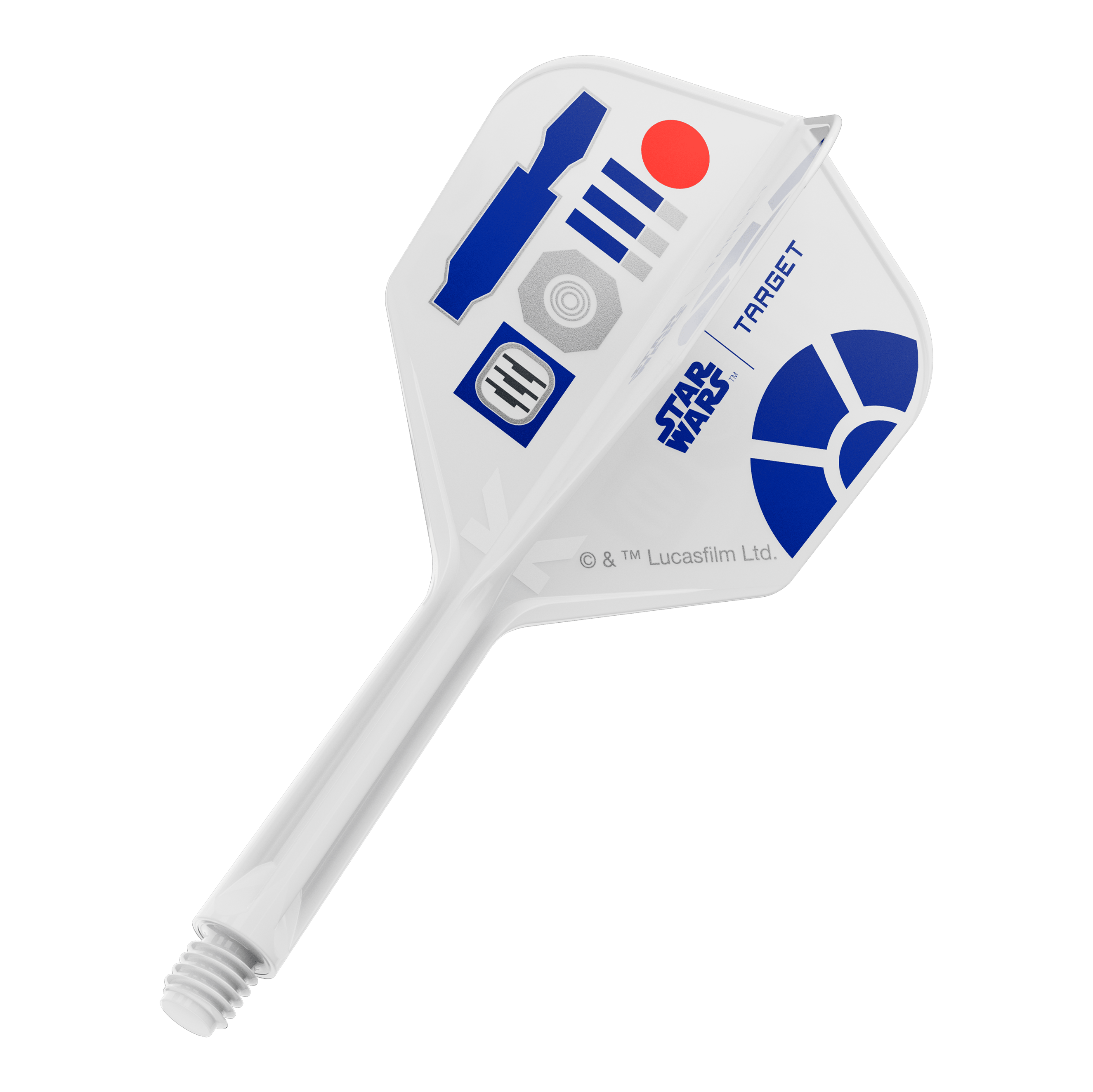 Dieses Bild zeigt ein Produkt mit dem Dateinamen 410511_Target_StarWars_KFlex_R2D2_No6_Flights_Intermediate_26mm_1. Es handelt sich vermutlich um einen Teil eines Star Wars Dart-Flights.