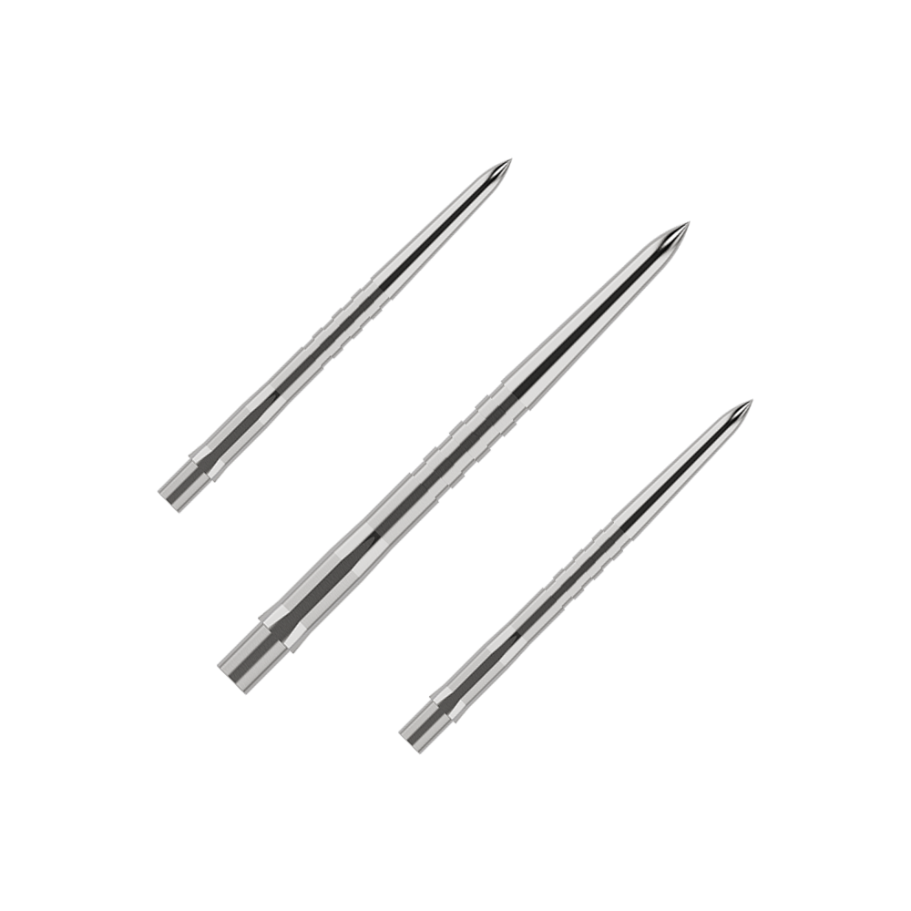 Das Bild zeigt drei silberne, gerillte Spitzen für Steeldarts. Sie sind schlank und spitz zulaufend, nebeneinander angeordnet.
