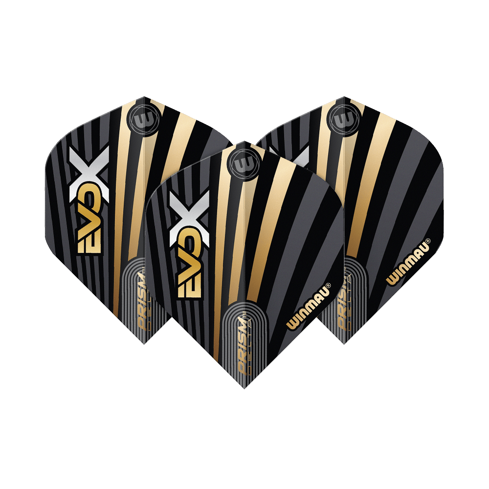 Voli standard Winmau Prism Delta MvG Evo-X No2 Das Bild zeigt drei Winmau Prism Delta MvG Evo-X No2 Standard Flights. Sie haben ein schwarzes Design mit goldenen und silbernen Streifen sowie dem Winmau-Logo.