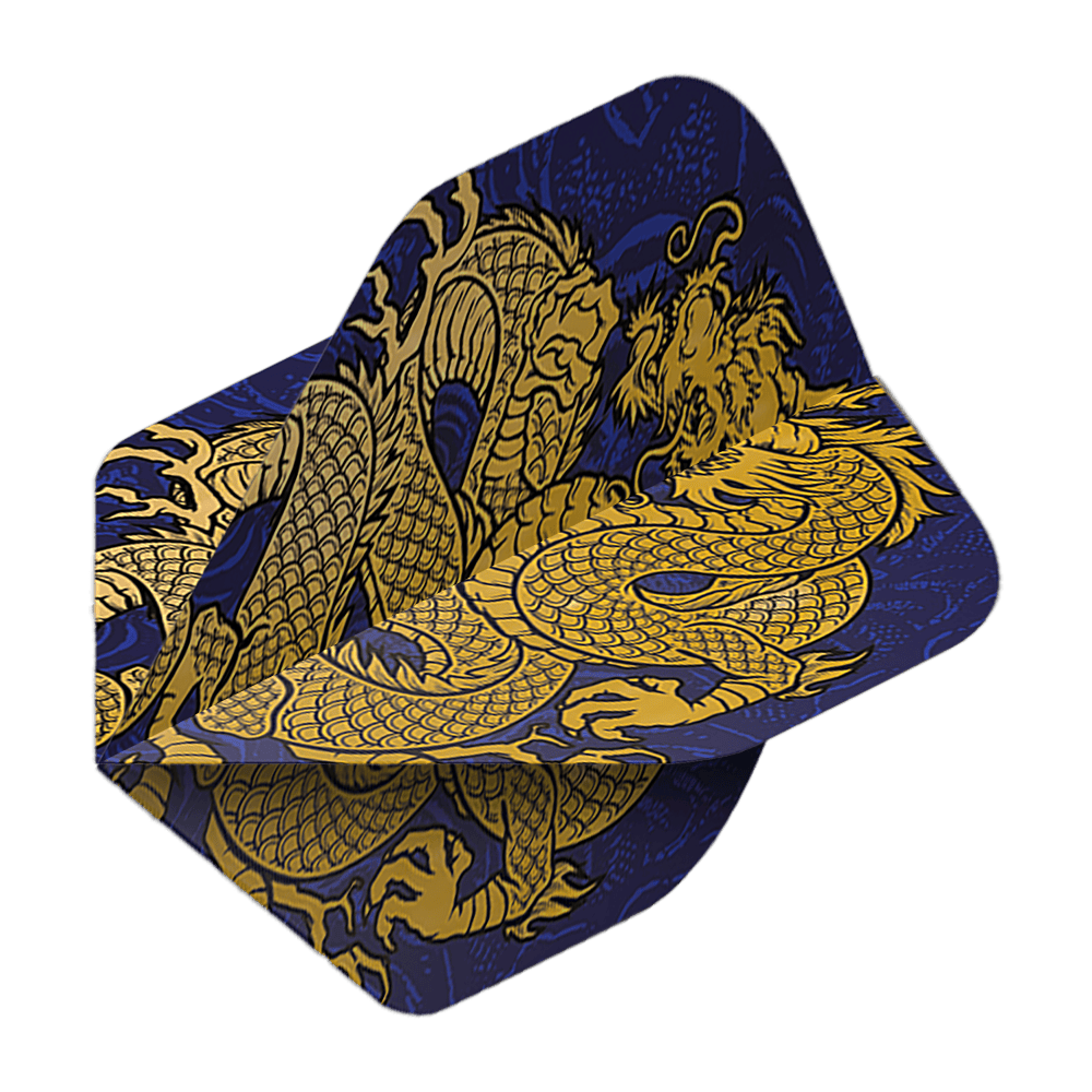Voli Pentathlon Drago blu Das Bild zeigt die Pentathlon Dragon 4 Standard Flights. Auf den Flights ist ein goldener Drache auf dunkelblauem Hintergrund abgebildet.