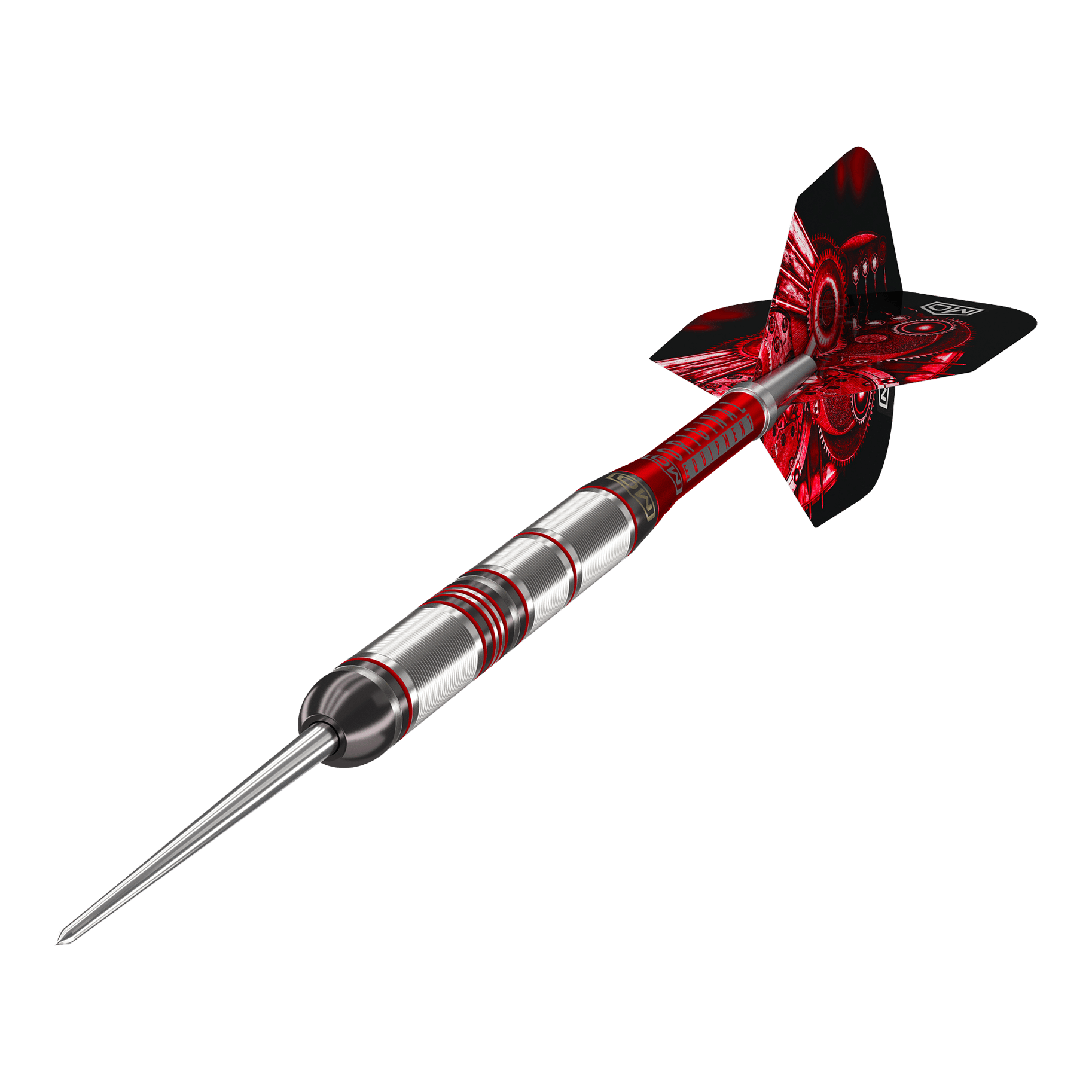 Freccette in acciaio DW Piranha Razor 01 Das Bild zeigt einen DW Piranha Razor 01 Steeldart. Der Dartpfeil hat ein silbernes Barrel mit roten Akzenten und rote Flights.