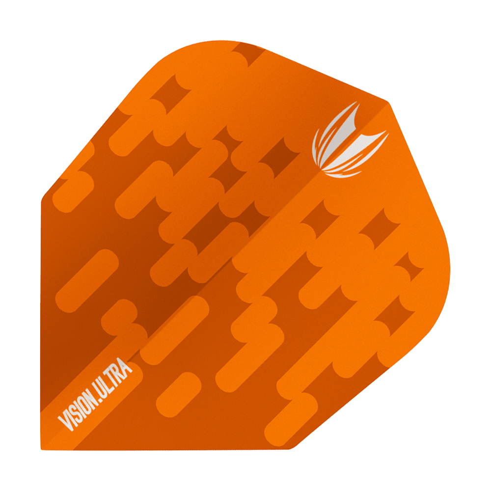 TG61_333810_Target_Vision_Ultra_Orange_Ten-X_Flights_1cMugUlWtigpYO Das Bild zeigt ein orangefarbenes Dart-Flight mit dem Namen "Target Vision Ultra Orange Ten-X Flights". Auf dem Flight sind ein stilisiertes Logo und das Wort "VISION ULTRA" zu sehen.