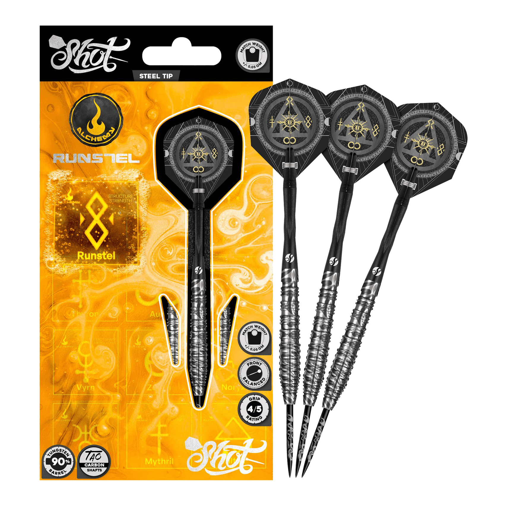 Freccette in acciaio Shot Alchemy Runstel Hier wird das Modell Shot Alchemy Runstel Steeldarts dargestellt. Die Steeldarts sind komplett und aus der Nähe abgebildet.