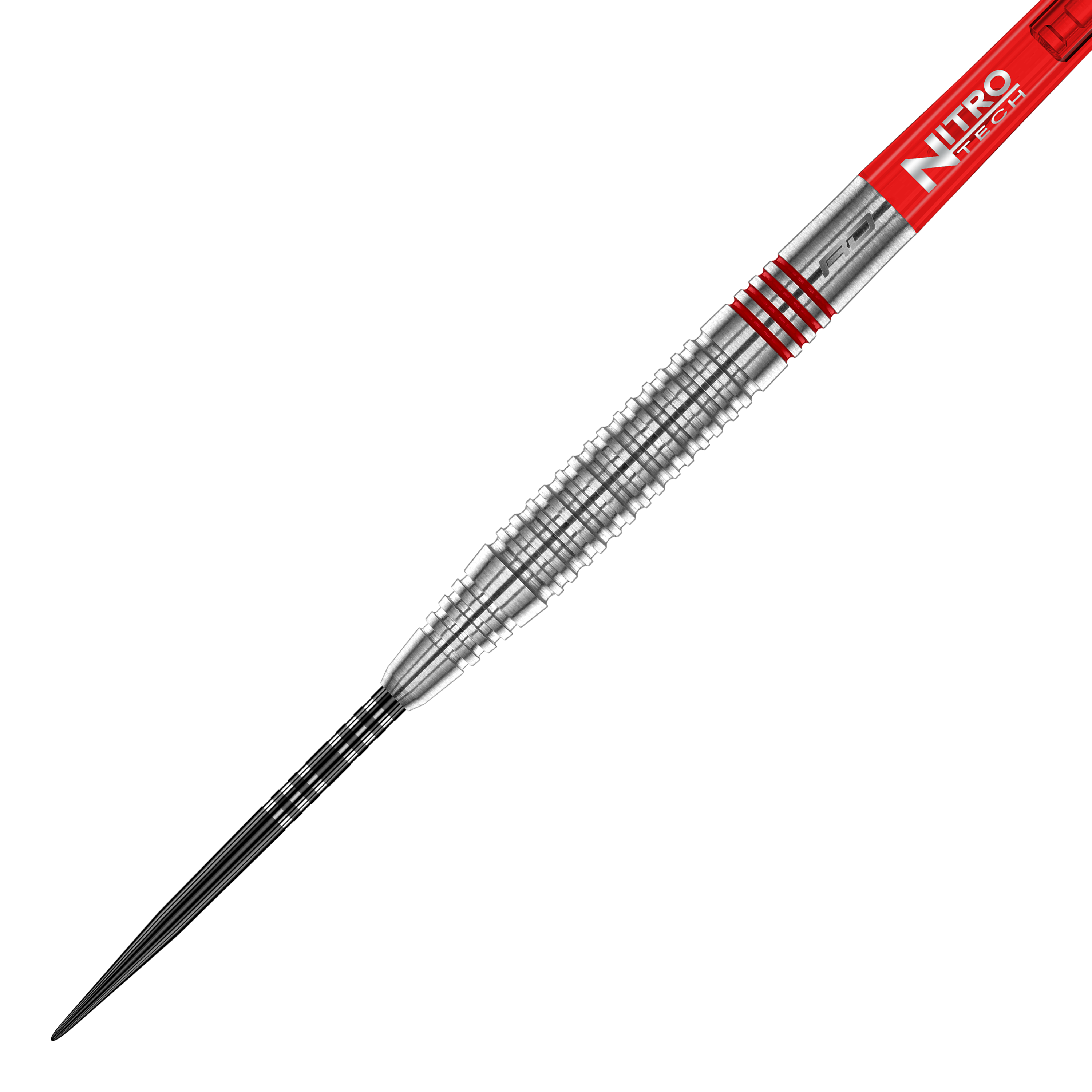 Red Dragon Jonny Clayton Original 2 freccette in acciaio Das Bild zeigt einen Red Dragon Jonny Clayton Original 2 Steeldart. Der Dartpfeil hat ein silbernes, gerilltes Barrel und einen roten Schaft mit der Aufschrift "Nitro Tech".