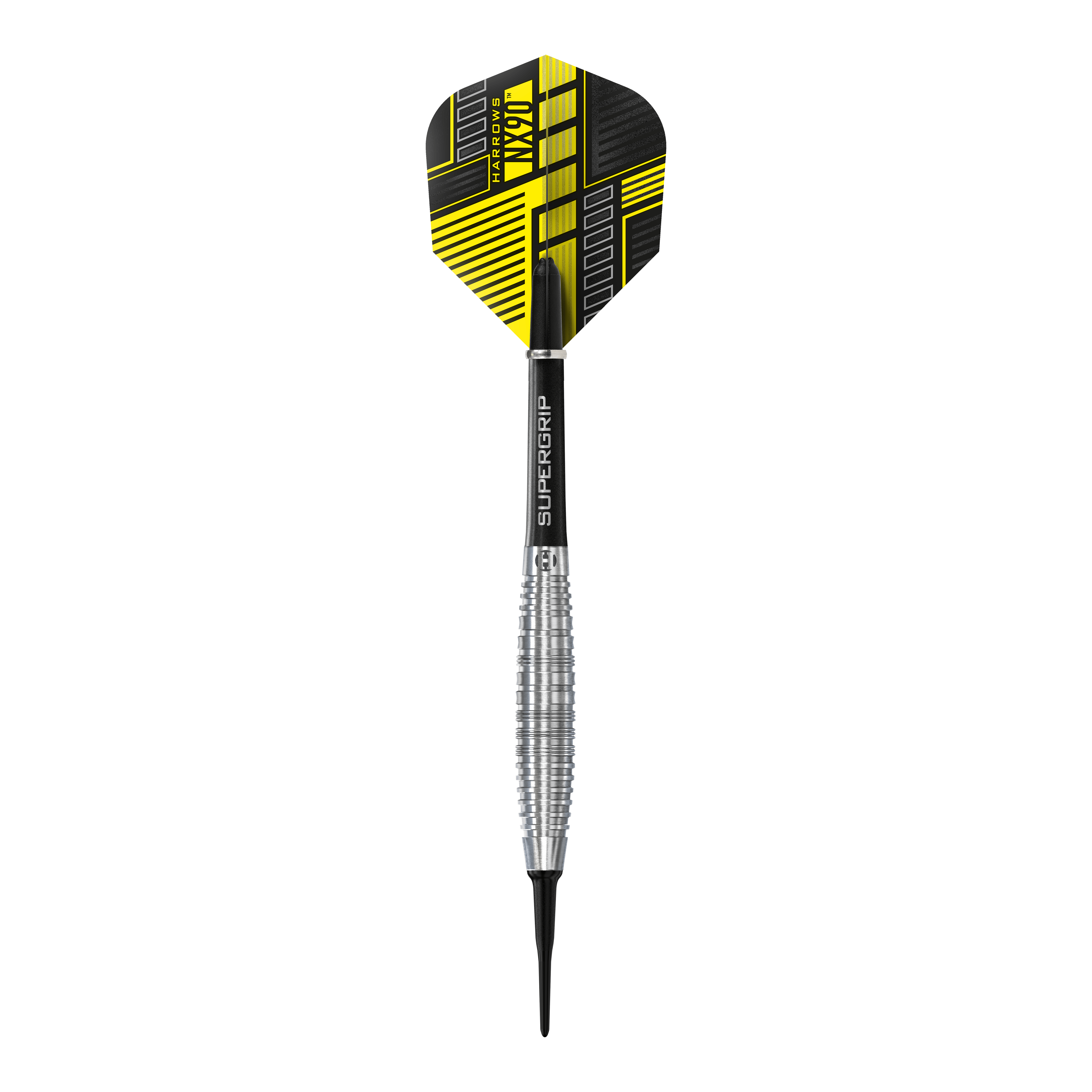 Freccette morbide Harrows NX90 Bomb Das Bild zeigt einen Harrows NX90 Bomb Softdart mit einem silbernen, geriffelten Barrel. Die Flight-Feder ist schwarz und gelb gemustert und trägt den Produktnamen.