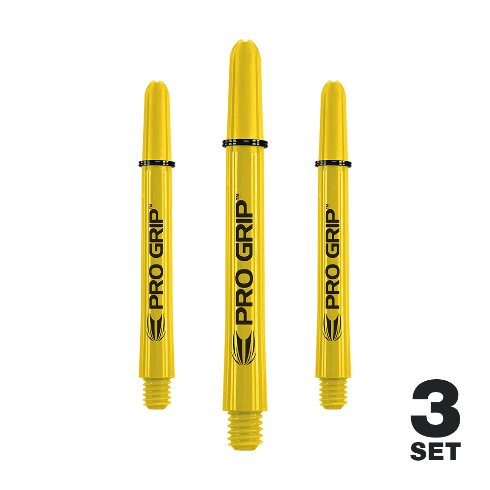 Target Pro Grip Shafts - 3 set - Giallo Auf dem Bild sind drei gelbe Pro Grip Dartschäfte zu sehen. In der rechten unteren Ecke steht „3 Set“.