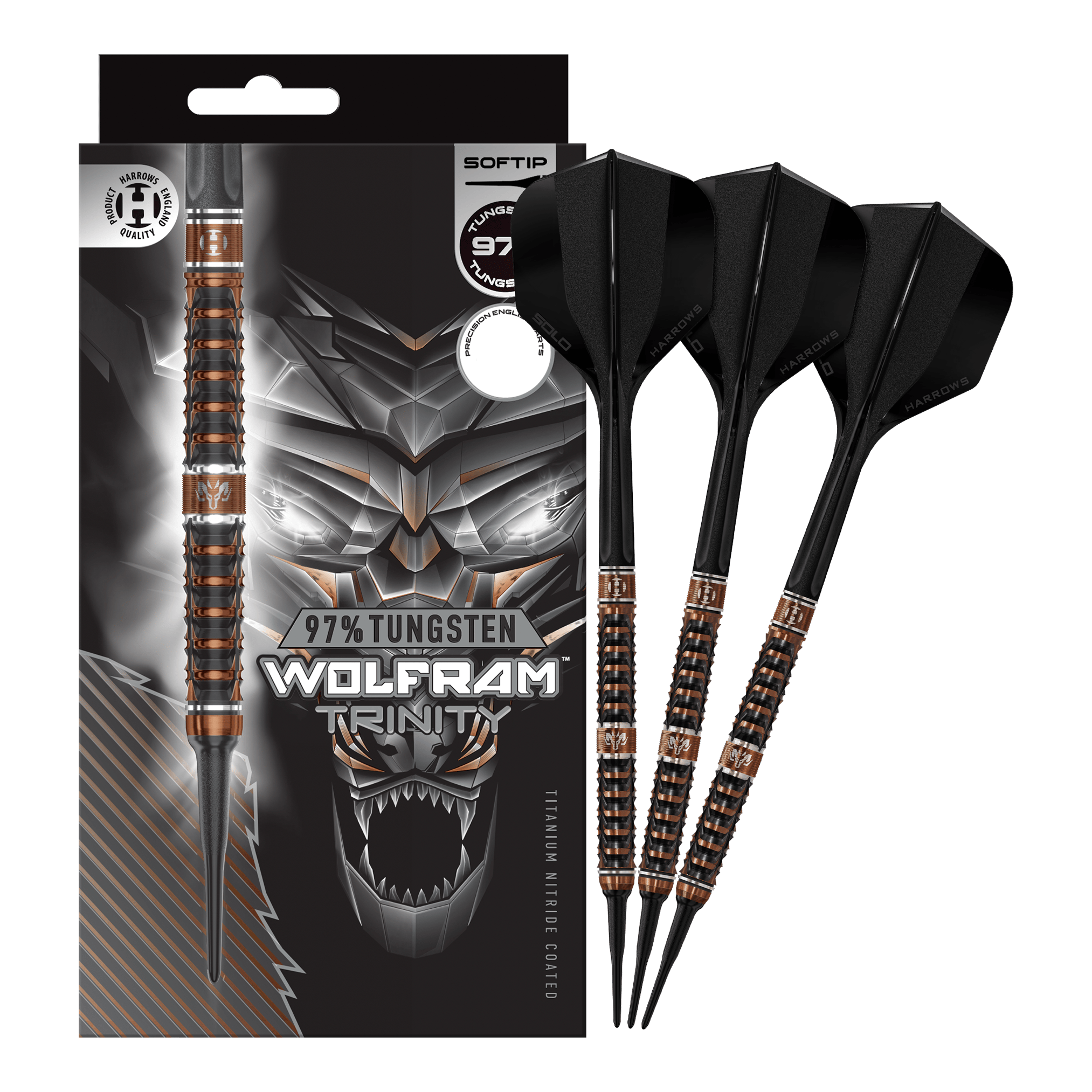 Das Bild zeigt die Harrows Wolfram Trinity Softdarts in voller Ansicht. Die Softdarts sind hochwertig verarbeitet.