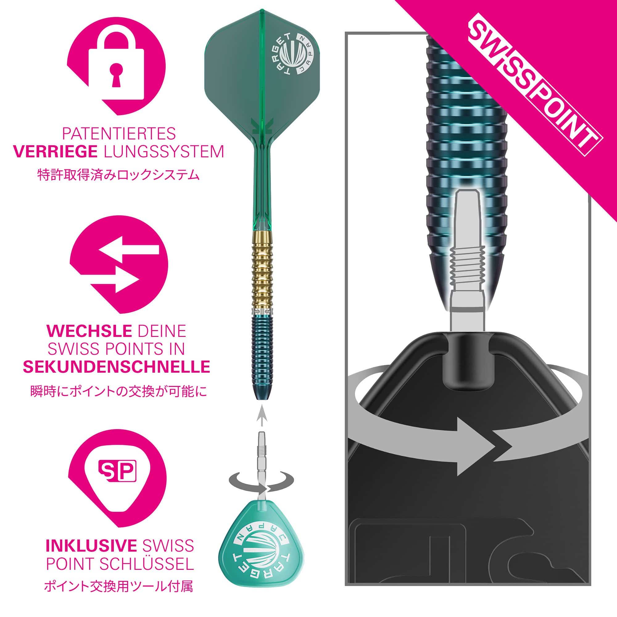 Target Japan Prime Series Zenith GEN 2.5 Swiss Point Steeldarts sind hochwertige Steeldarts für professionelle Spieler. Das Bild zeigt das Produkt in Nahaufnahme.