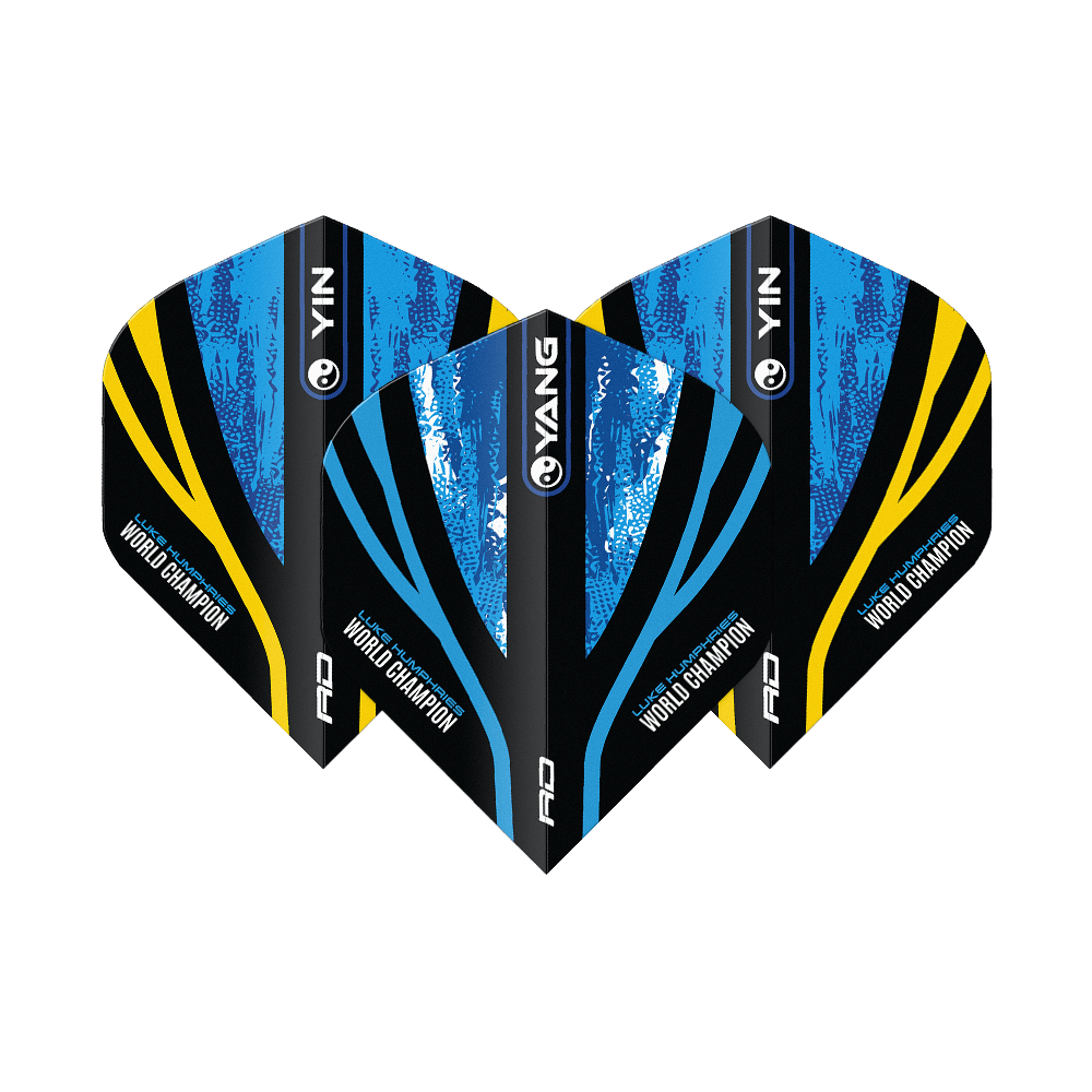 Red Dragon Luke Humphries Campione del mondo Blue Gold Yin Yang Voli standard Das Bild zeigt drei Dart-Flights mit dem Design "Red Dragon Luke Humphries World Champion Blue Gold Yin Yang Standard Flights". Die Flights sind in Blau, Schwarz und Gold gehalten und tragen die Aufschrift "World Champion".