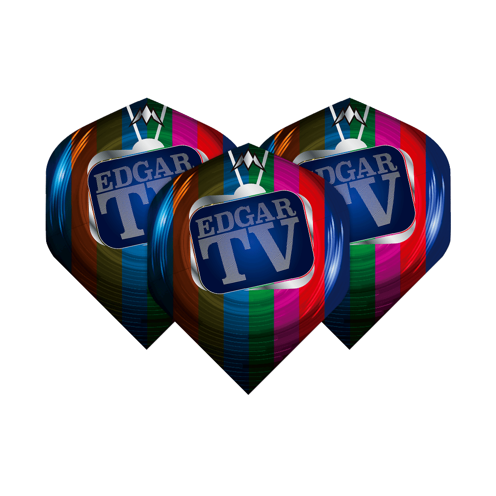 Missione Solo Matt Edgar No2 Voli Standard Das Bild zeigt drei bunte Dart-Flights mit dem Aufdruck "EDGAR TV" auf einem Fernsehbildschirm. Die Flights sind Teil des Produkts "Mission Solo Matt Edgar No2 Standard Flights".