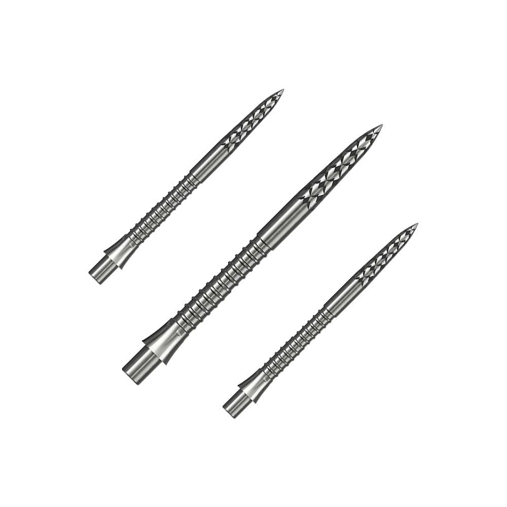 Punte per freccette Mission Caliburn EVO con logo GV - argento Ein Set silberner Steeldartspitzen ist abgebildet. Die Spitzen sind vermutlich 32 mm lang.