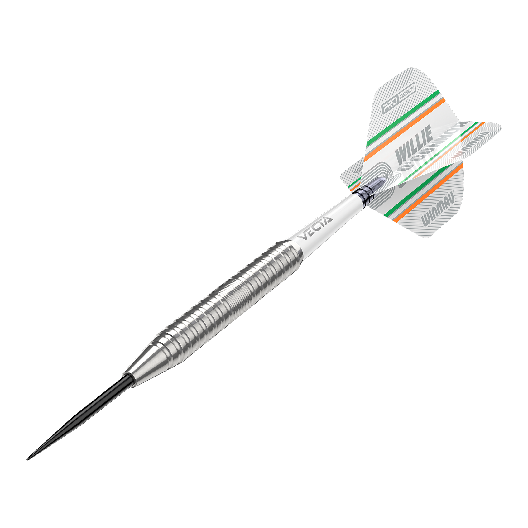 Freccette in acciaio Winmau Willie O'Connor - 23 g Das Bild zeigt einen silbernen Steeldartpfeil mit dem Namen "Winmau Willie O'Connor Steeldarts - 23g". Auf dem Flight sind grüne und orange Streifen sowie der Name "Willie O'Connor" zu sehen.